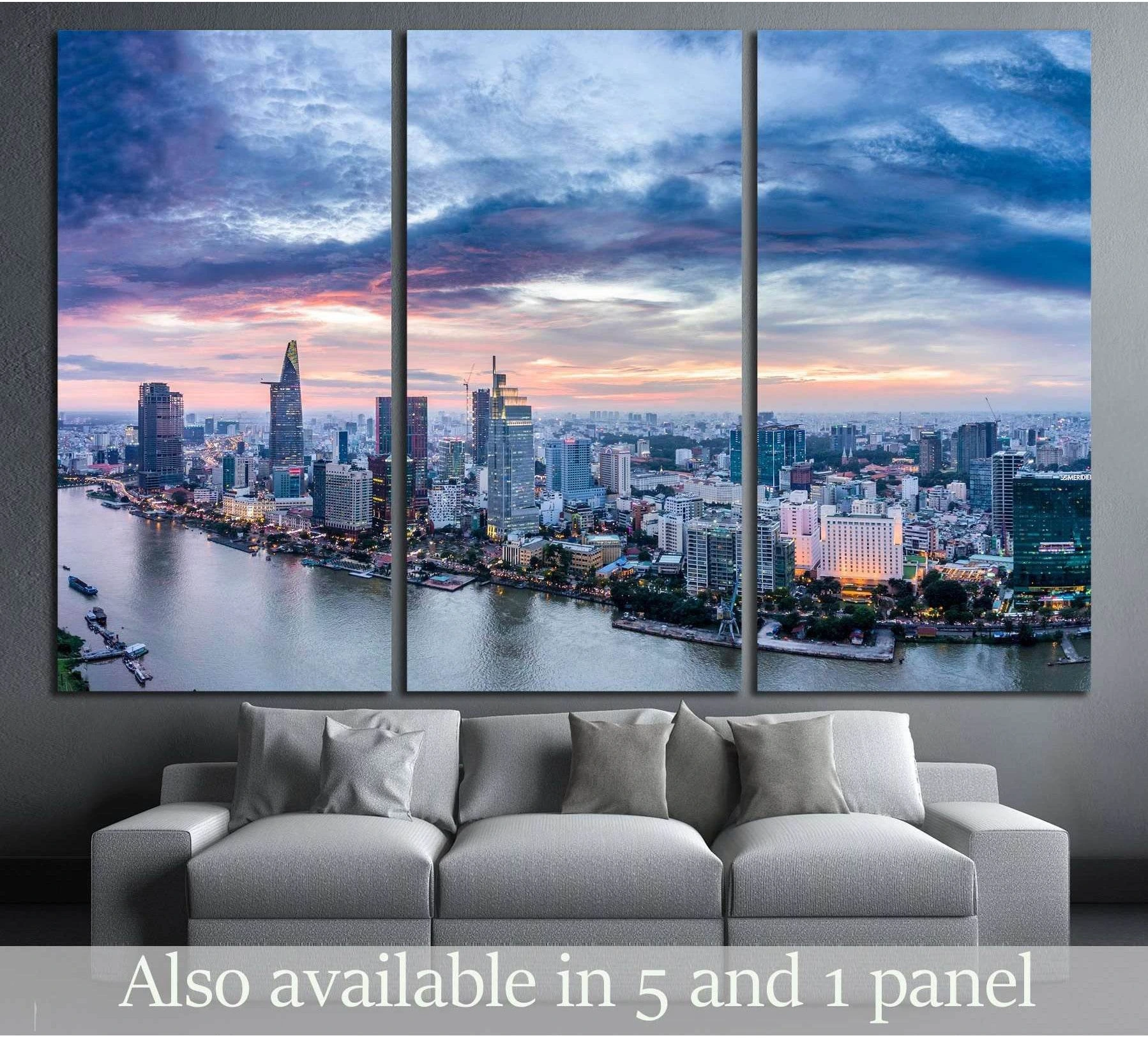 Ho Chi Minh City aerial skyline canvas print above sofa with Saigon River at pink blue sunset
