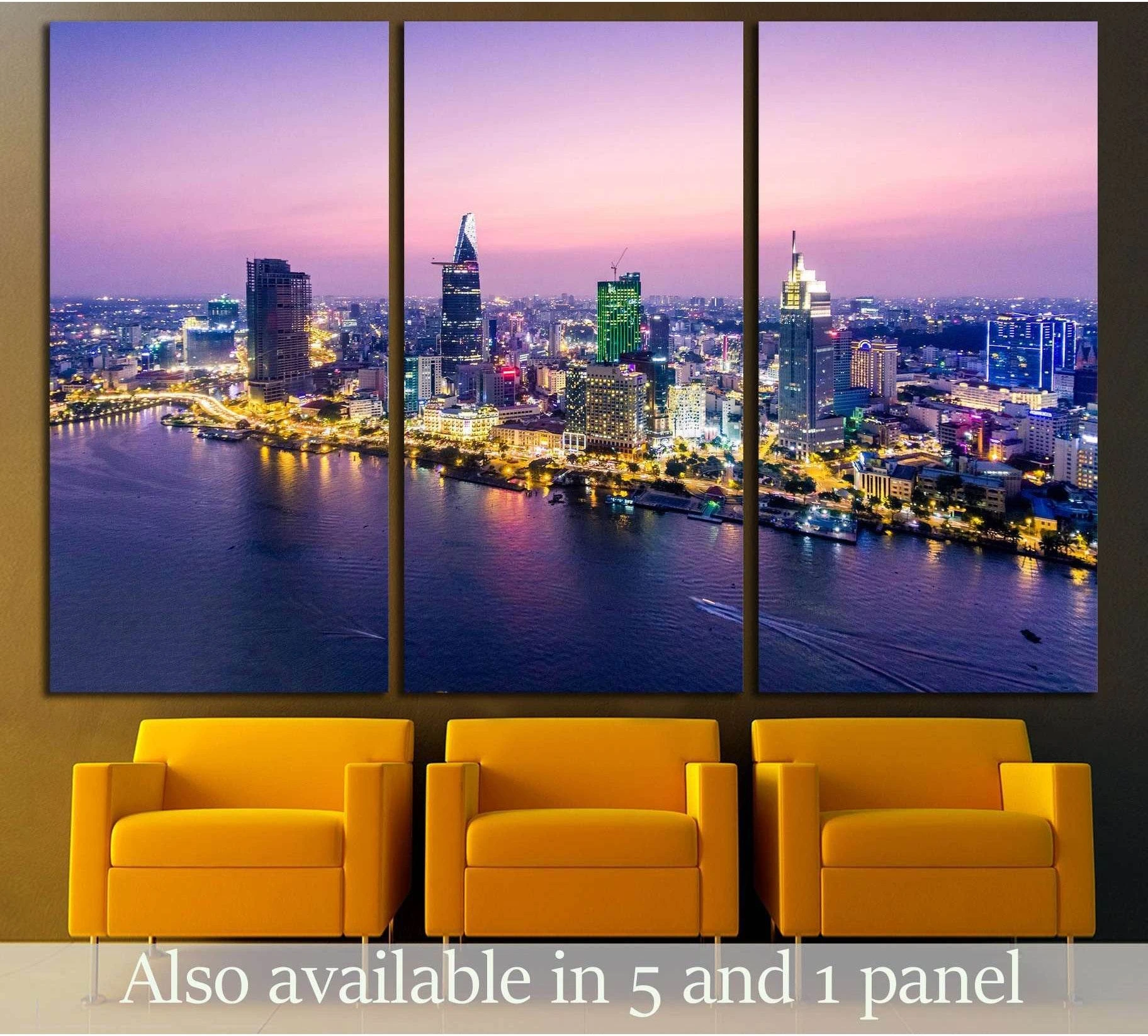 Ho Chi Minh City skyline canvas print above yellow chairs in a modern office waiting room
