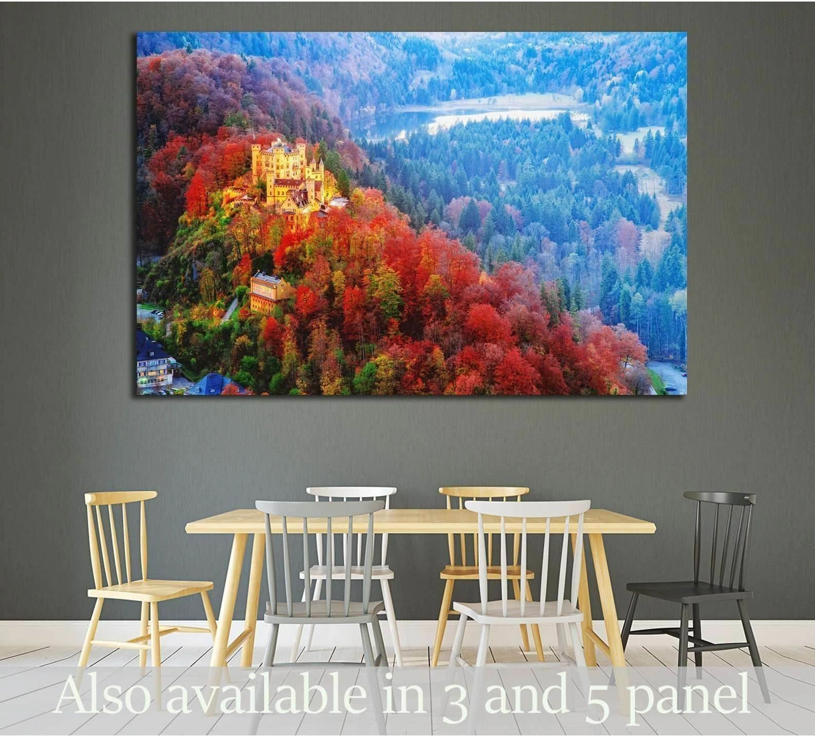 Hohenschwangau Castle canvas print above dining table with autumn forest and Bavarian lake view