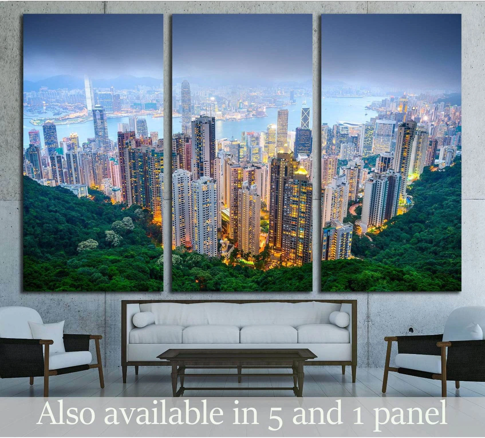 Hong Kong skyline triptych canvas print viewed from Victoria Peak above a sofa in a modern living room
