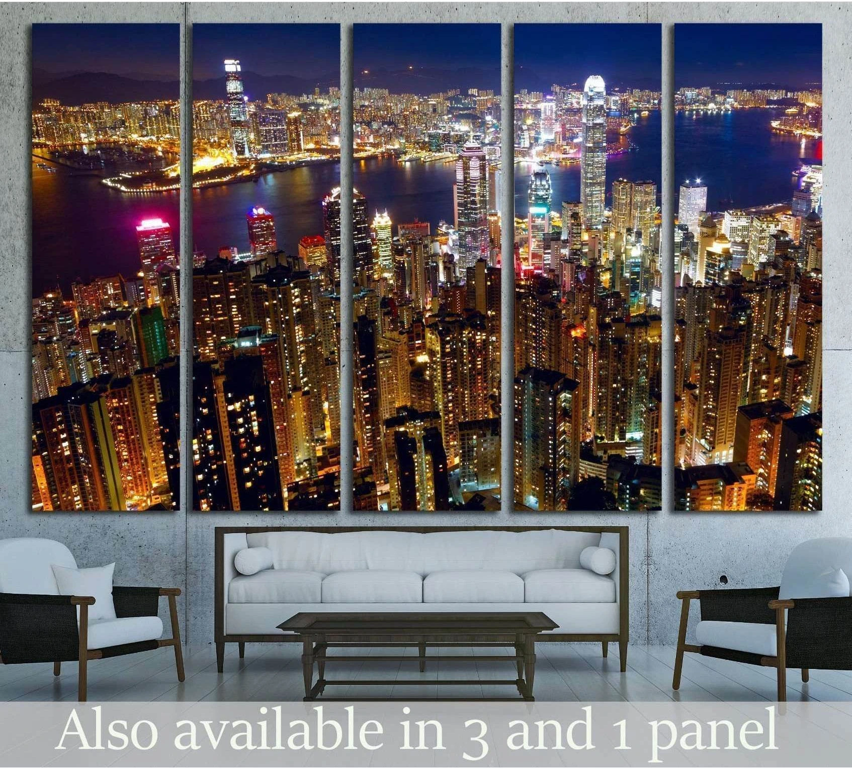 Five-panel Hong Kong skyline canvas print above sofa with Victoria Harbour at night