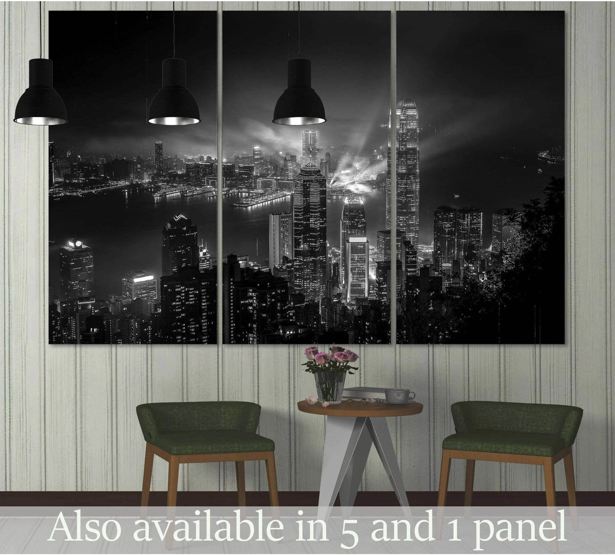 Black and white Hong Kong skyline canvas print over chairs in a modern living room mockup