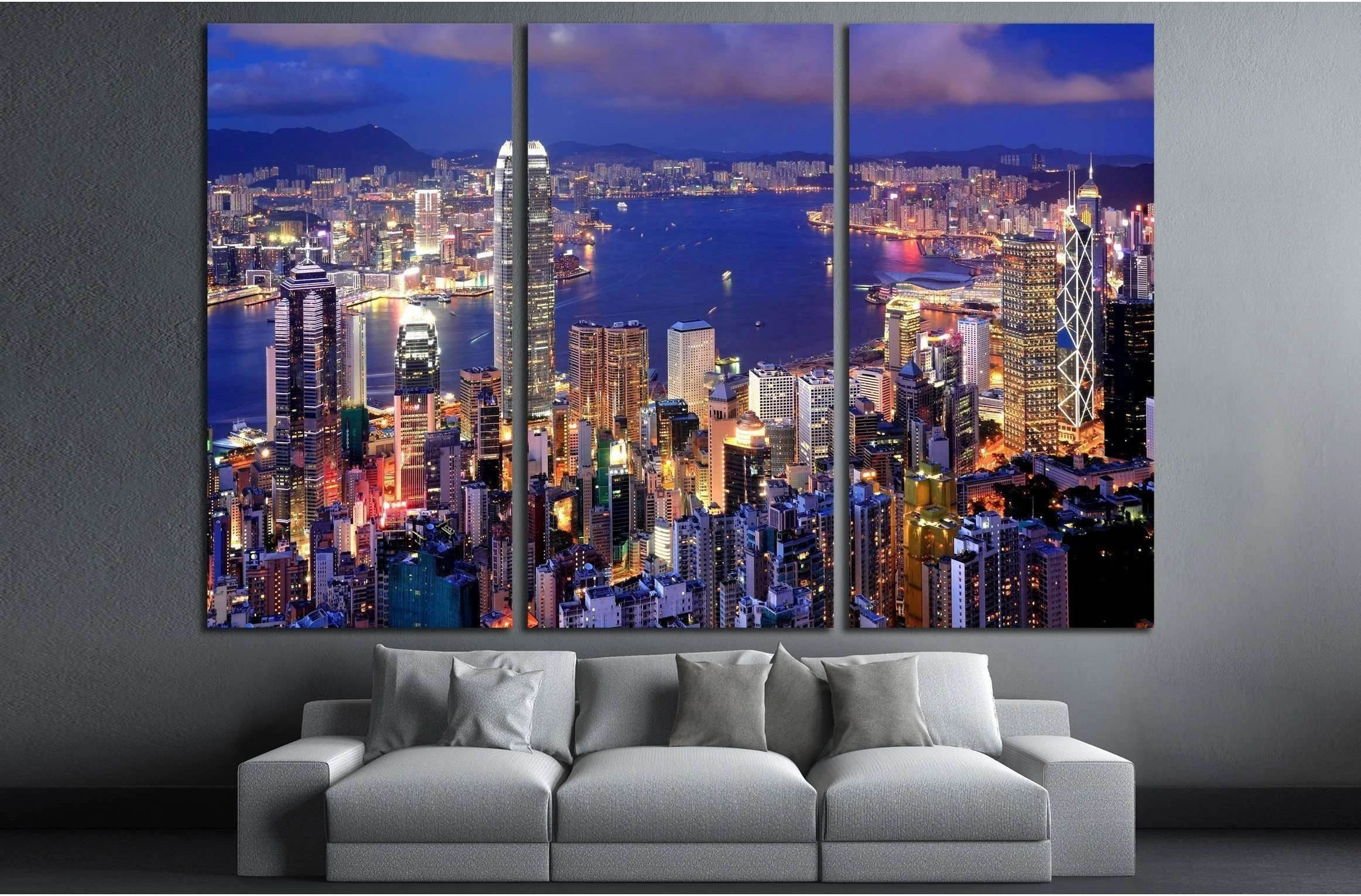 Hong Kong cityscape at night №2232 Ready to Hang Canvas Print - Zellart Canvas Prints ALL_Products, s-2232