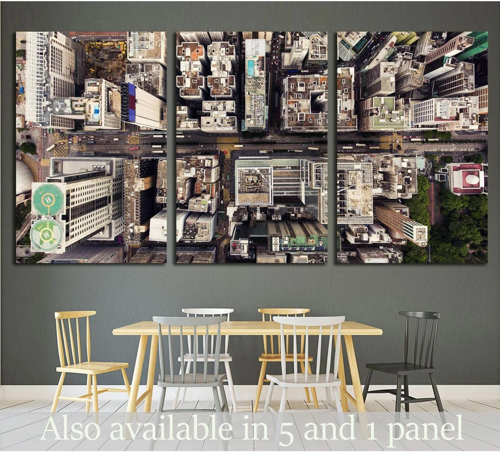 Hong Kong aerial cityscape triptych canvas print displayed above dining table in modern room