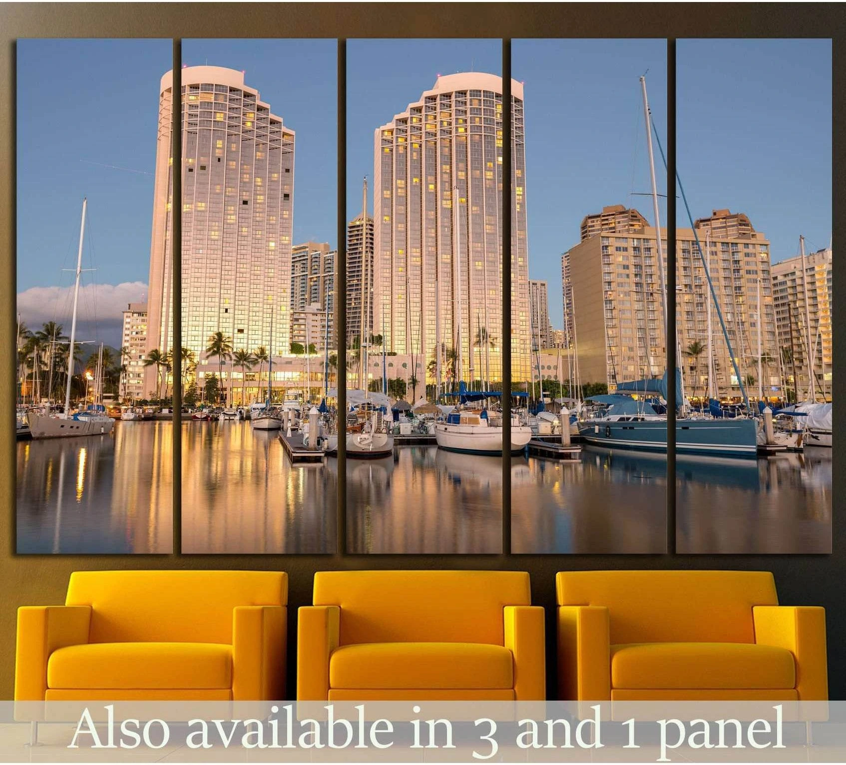 Honolulu marina canvas print with yachts, palm trees, and sunset-lit towers above chairs