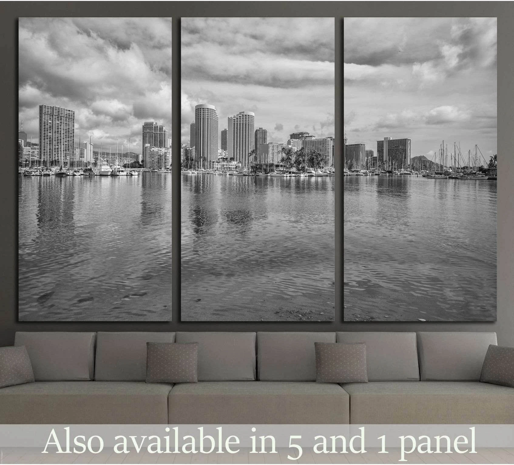 Black and white Honolulu skyline triptych canvas print above sofa with Ala Wai Lagoon and harbor