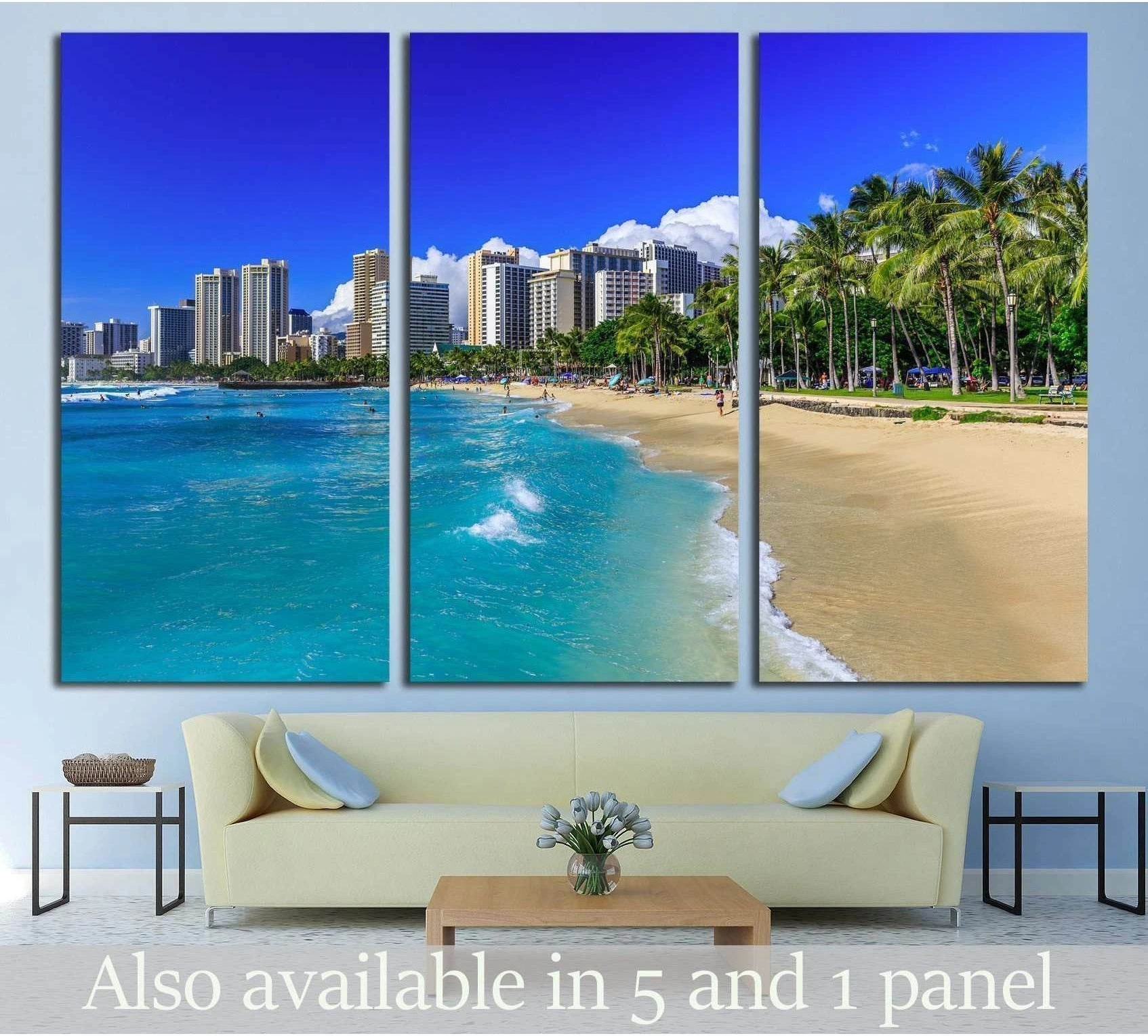 Honolulu, Hawaii. Waikiki beach and Honolulu's skyline showing sea water, shoreline and horizon depth.