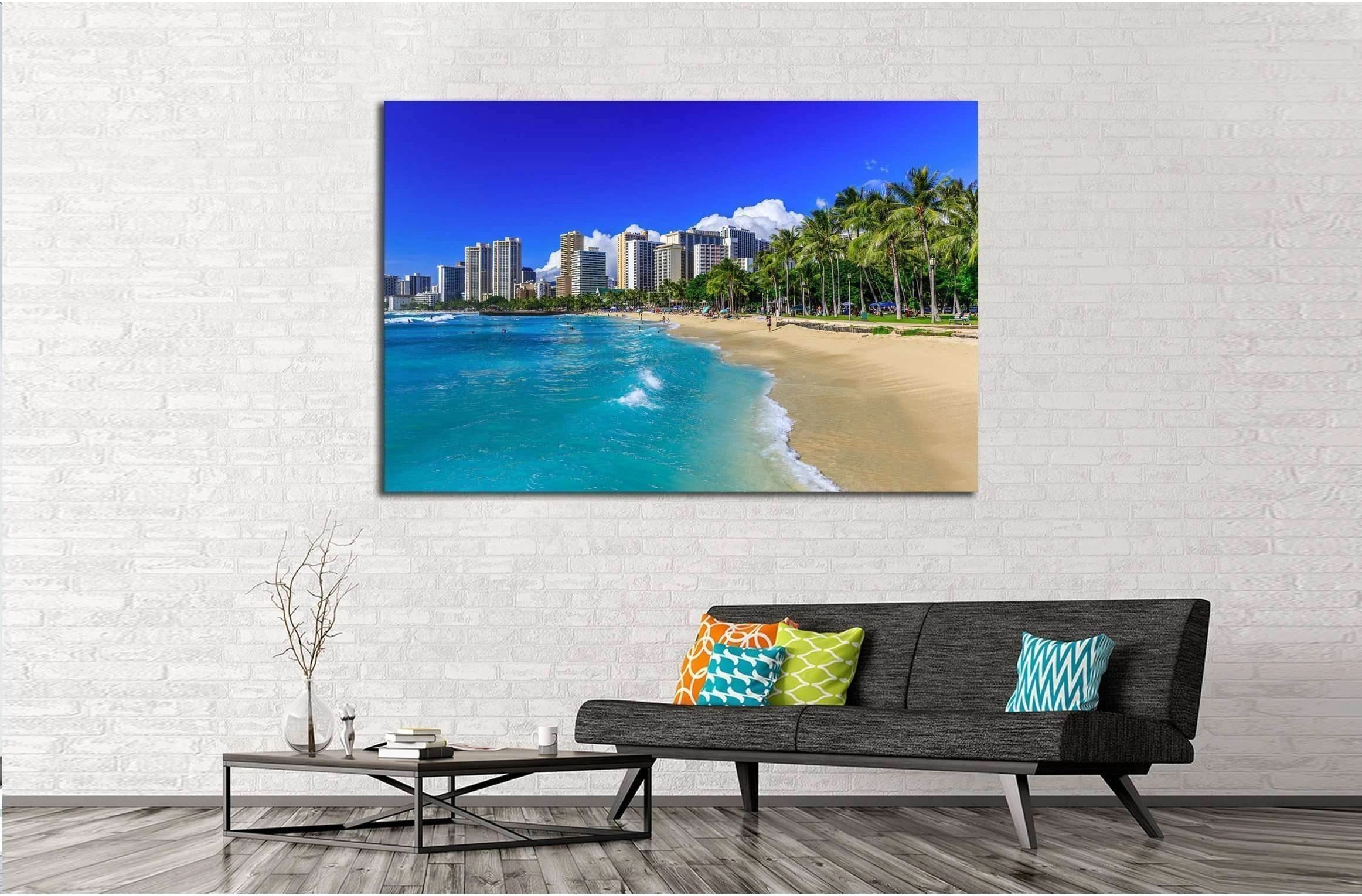 Honolulu, Hawaii. Waikiki beach and Honolulu's skyline №2302 Ready to Hang Canvas Print - Zellart Canvas Prints ALL_Products, s-2302