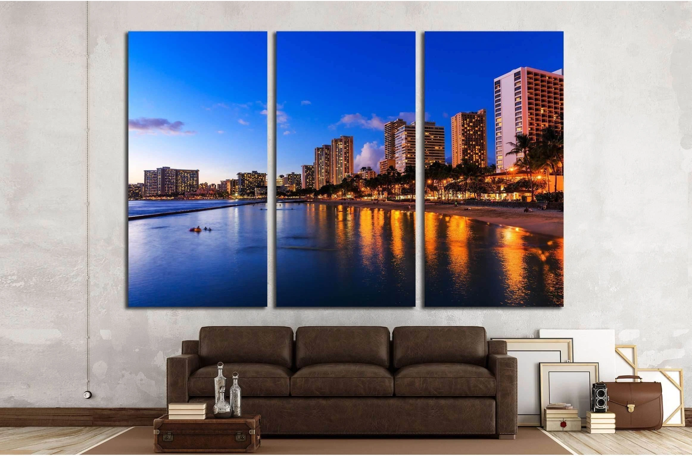 Honolulu skyline and Waikiki beach at twilight, Hawaii. USA №2301 Ready to Hang Canvas Print - Zellart Canvas Prints ALL_Products, s-2301