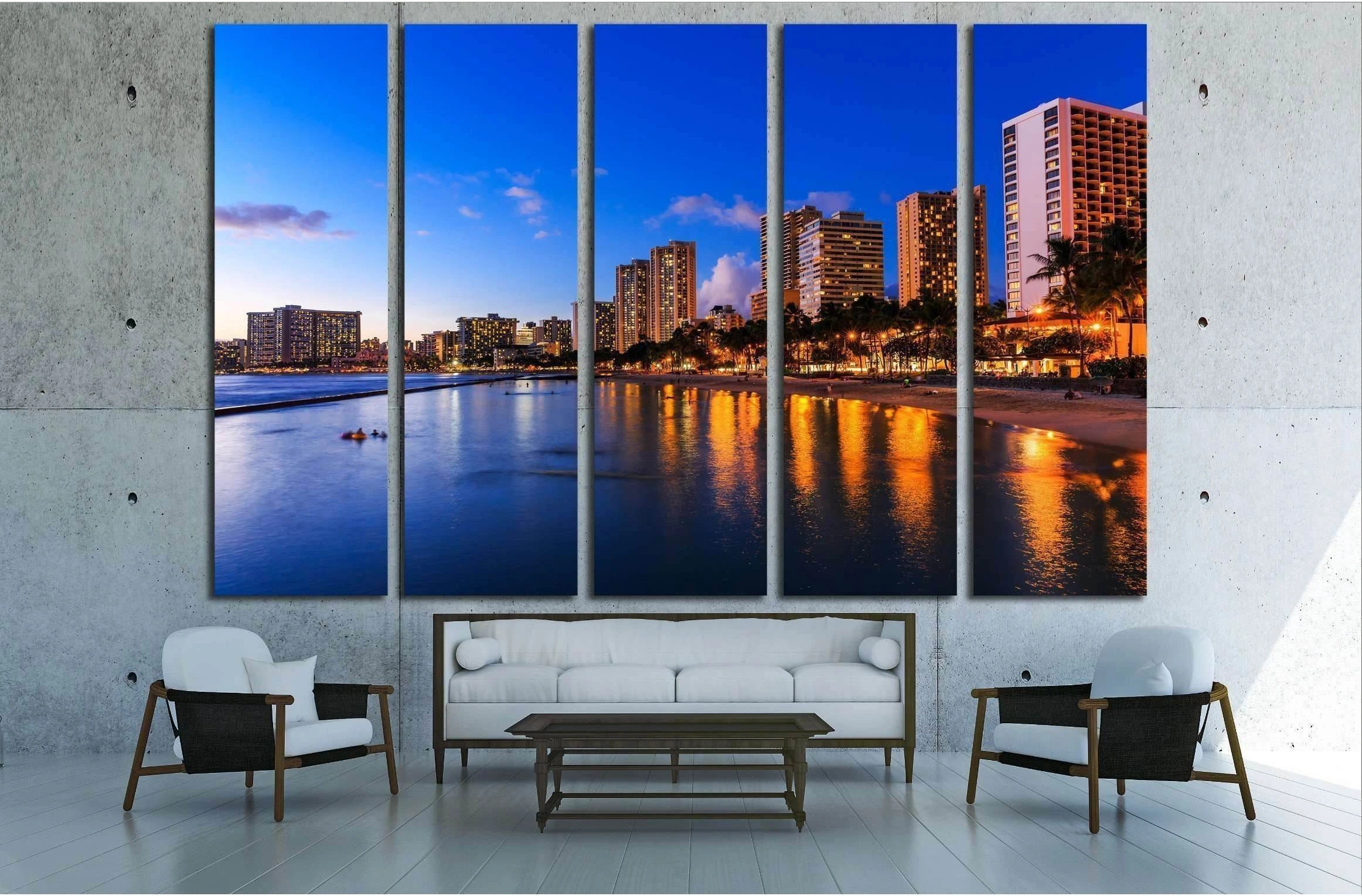 Honolulu skyline and Waikiki beach at twilight, Hawaii. USA №2301 Ready to Hang Canvas Print - Zellart Canvas Prints ALL_Products, s-2301