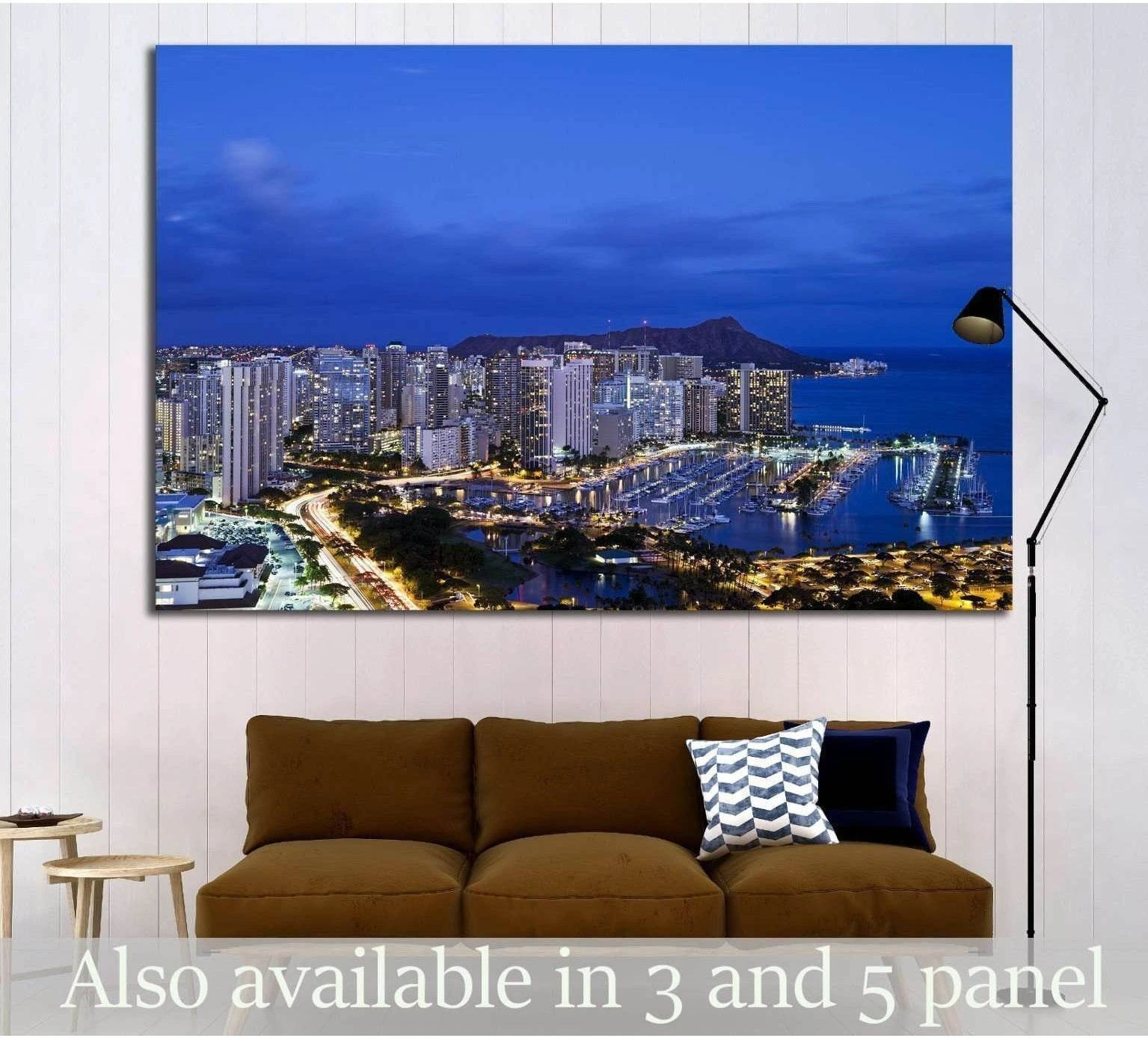 Honolulu skyline canvas print with Ilikai Marina and Diamond Head above sofa in modern living room