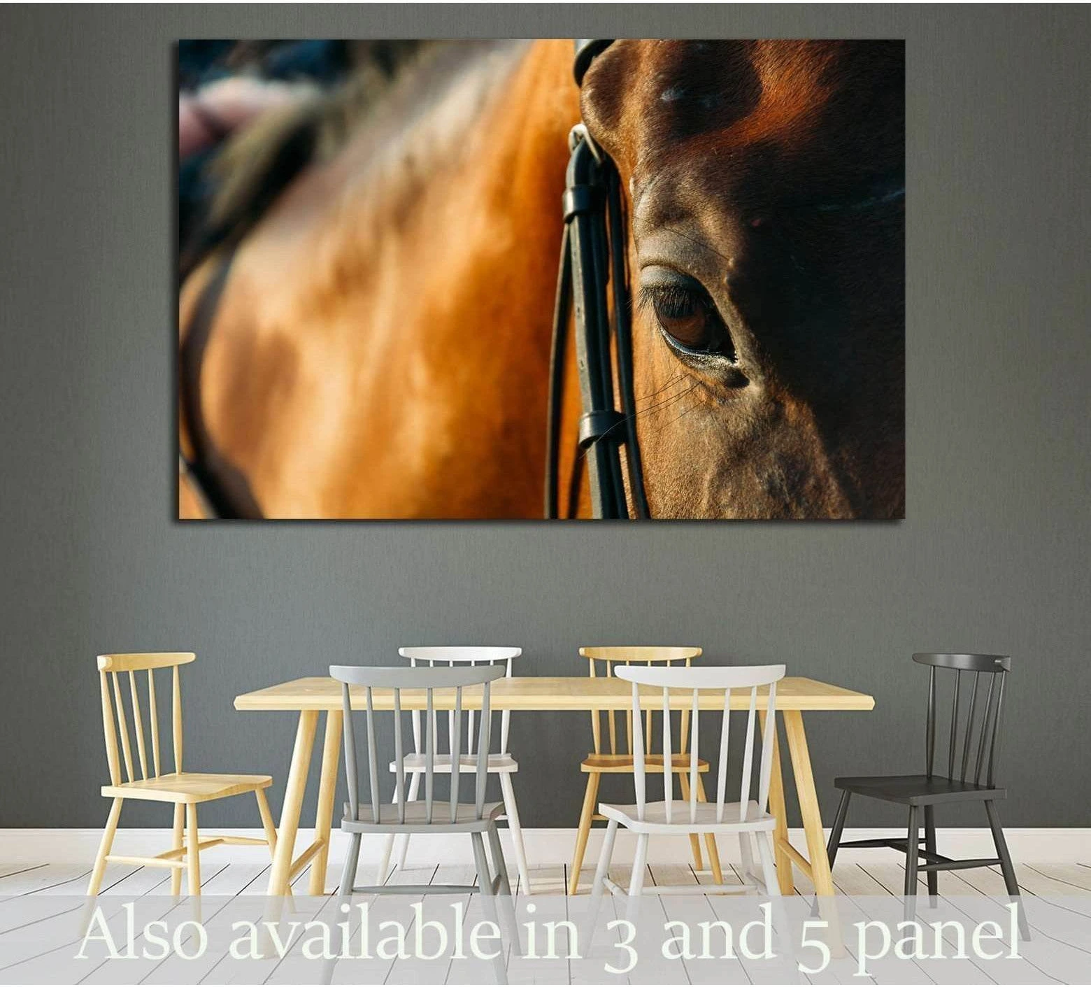 Close-up horse eye canvas print with warm brown coat and bridle, shown above a dining table
