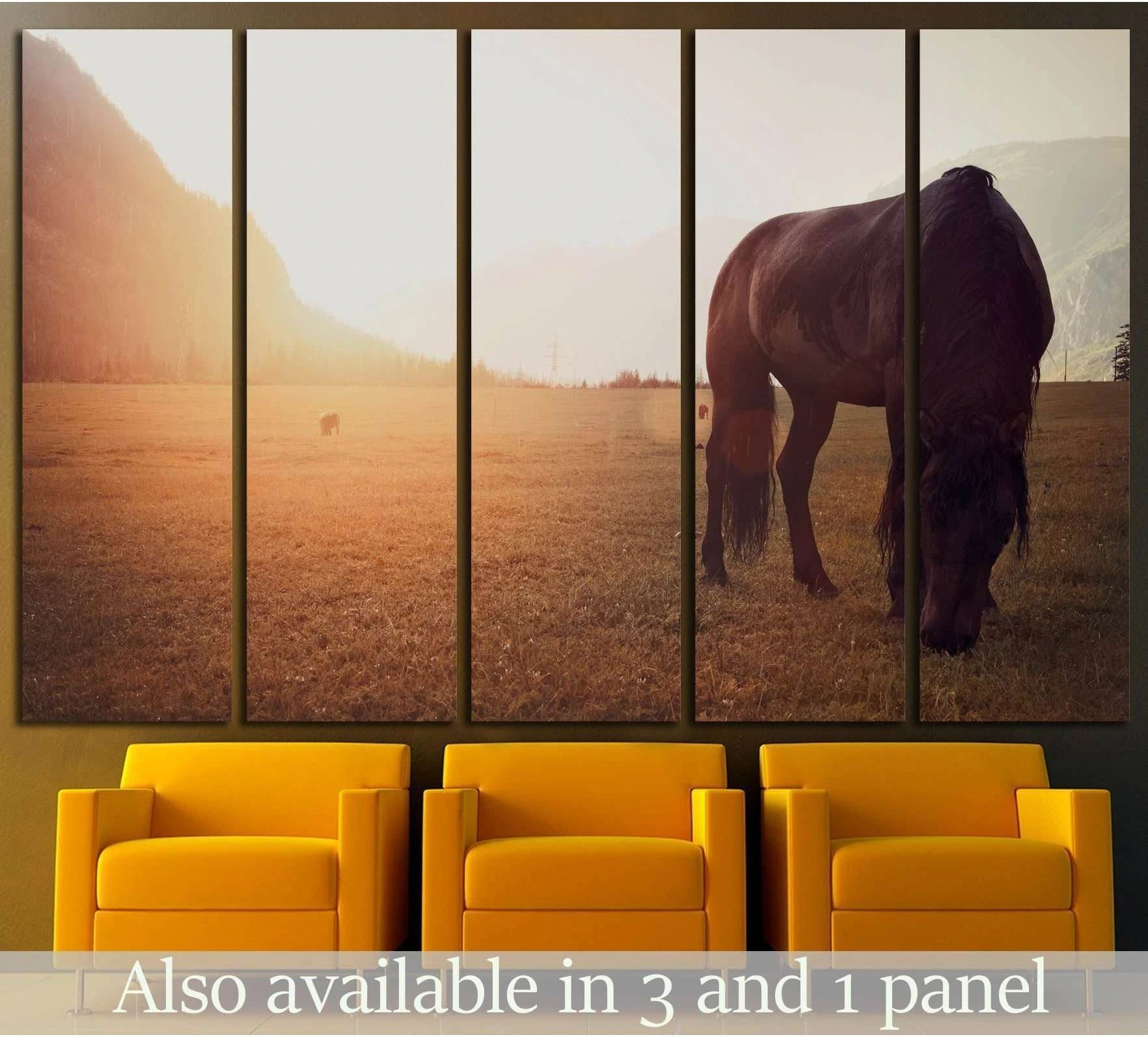 Five-panel horse canvas print of a grazing horse in a golden field above mustard chairs