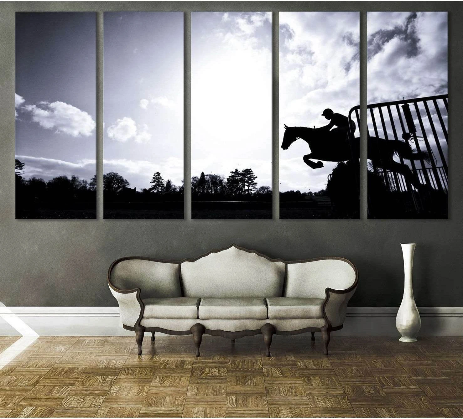 Black and white horse jumping canvas print in five panels above a sofa in a classic living room