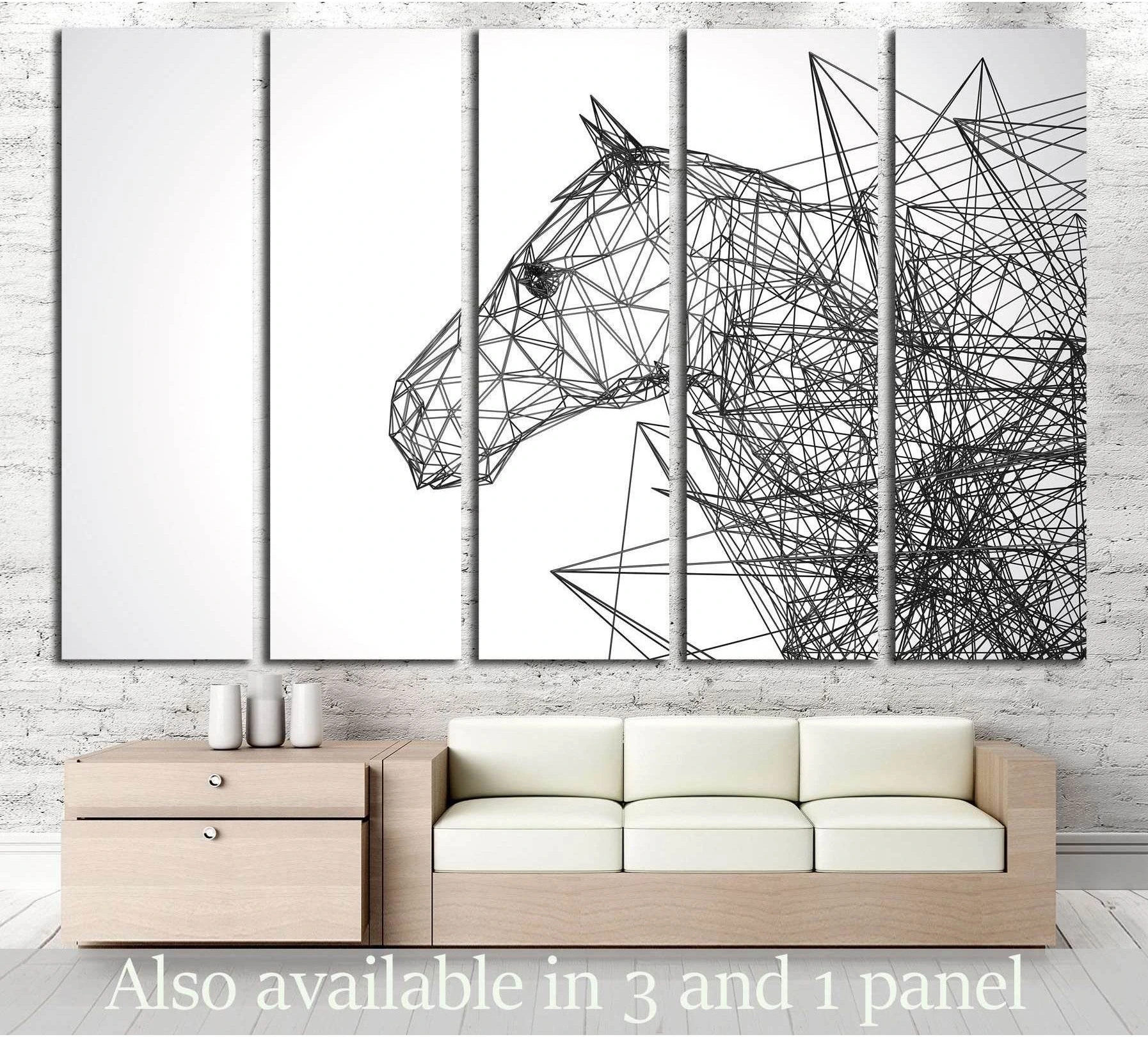 Geometric horse canvas print in black wireframe lines above a sofa in a minimalist living room