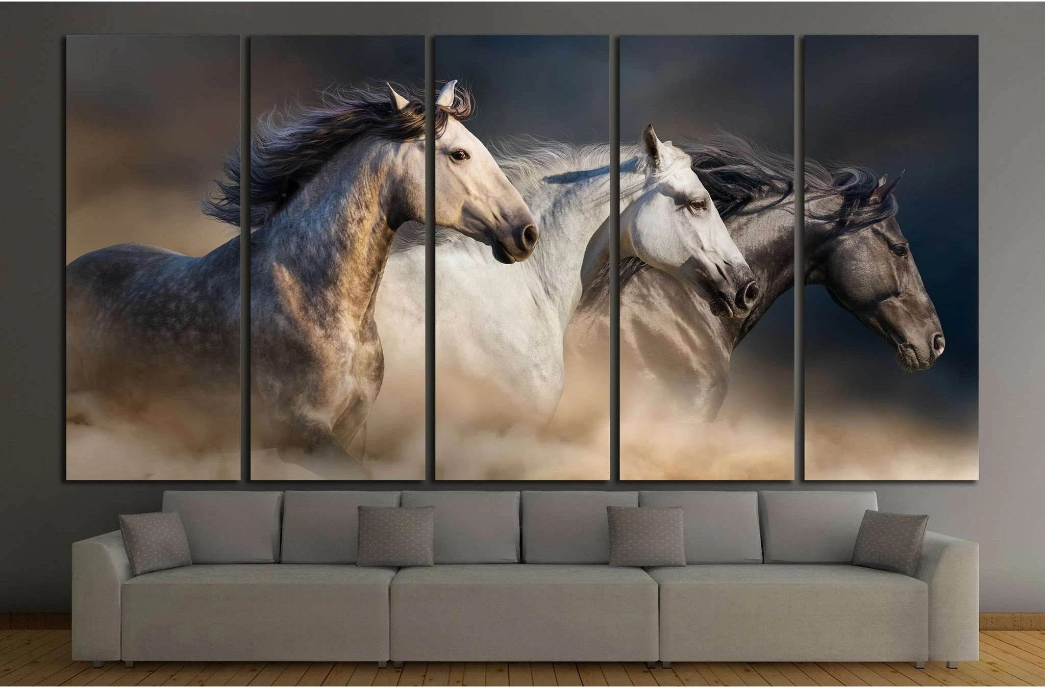 Horses with long mane portrait run gallop in desert dust №1326 Ready to Hang Canvas Print - Zellart Canvas Prints ALL_Products, Horses, s-1326