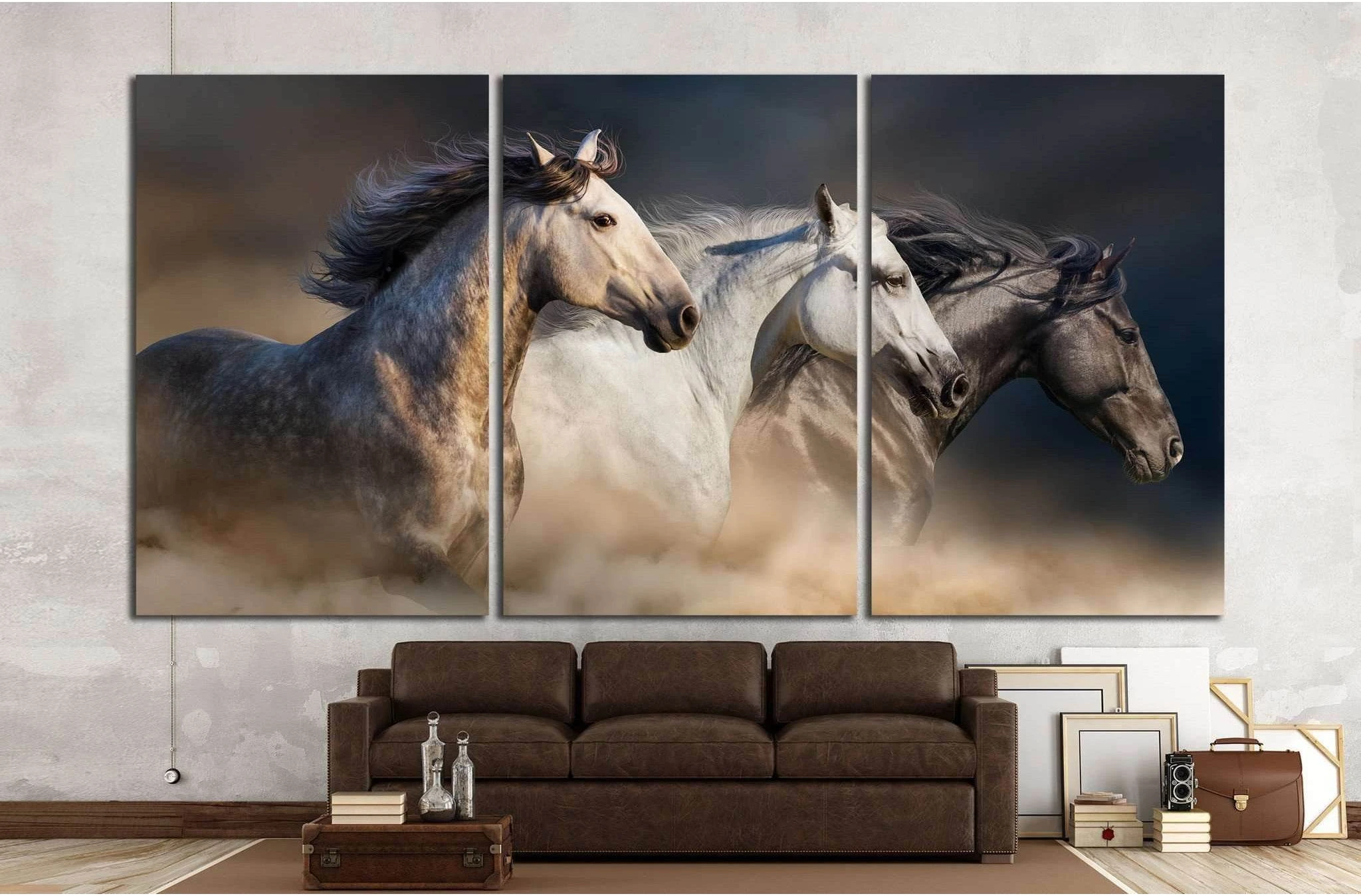Horses with long mane portrait run gallop in desert dust №1326 Ready to Hang Canvas Print - Zellart Canvas Prints ALL_Products, Horses, s-1326