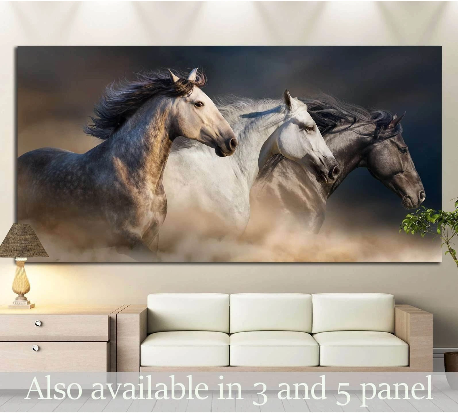 Horses with long mane portrait run gallop in desert dust №1326 Ready to Hang Canvas Print - Zellart Canvas Prints ALL_Products, Horses, s-1326