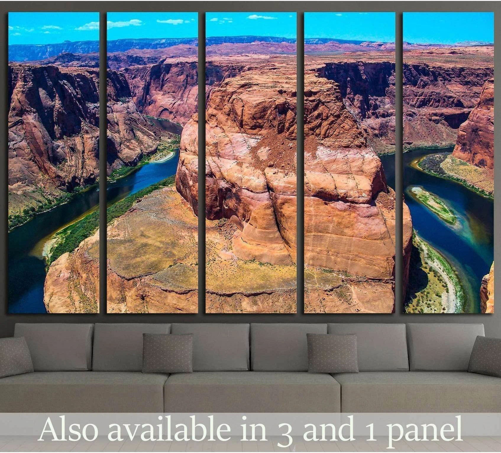 Horseshoe Bend Arizona canyon canvas print in a five-panel wall display above a sofa