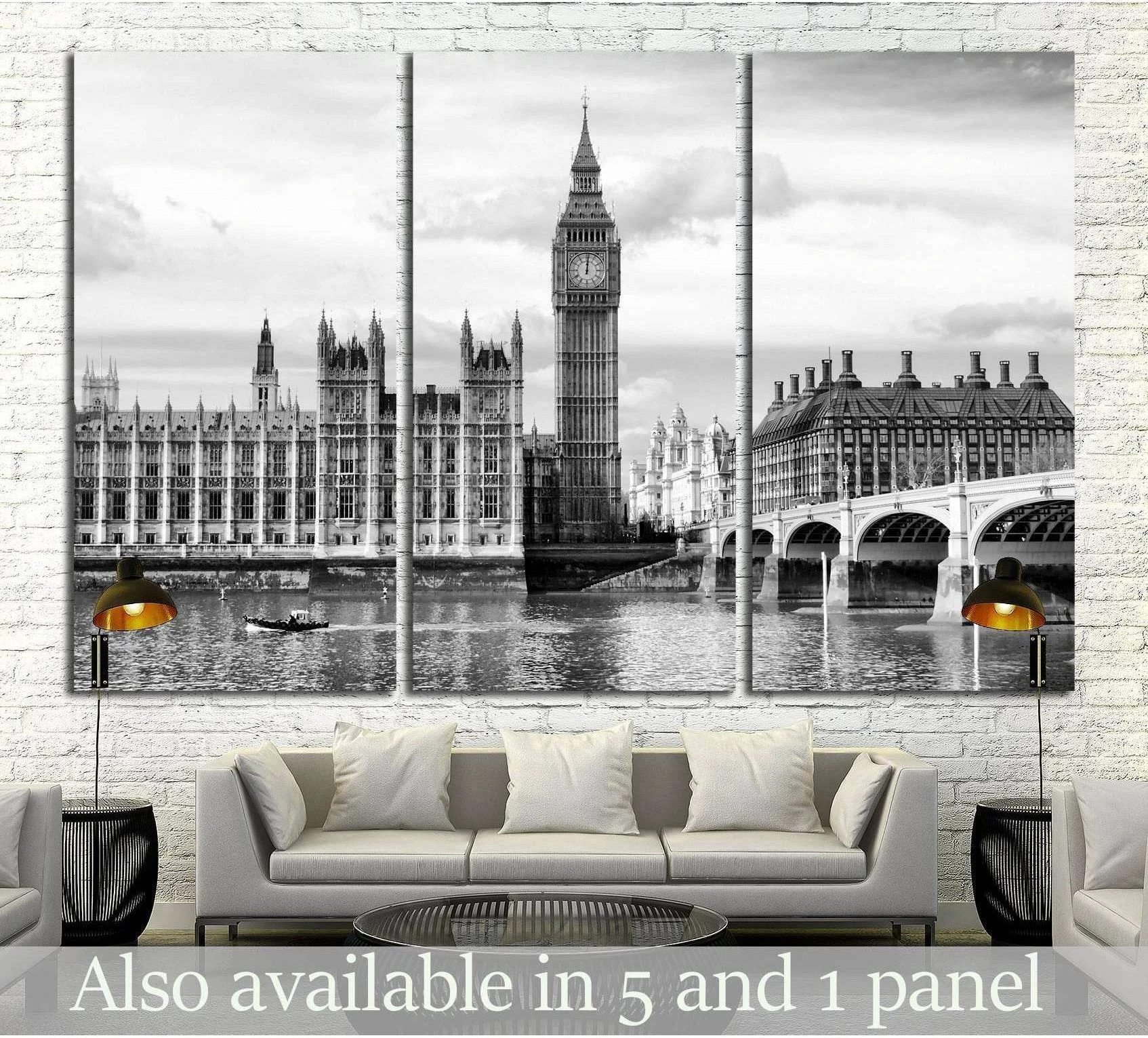 Black and white London canvas print with Big Ben, Westminster Bridge, and Parliament triptych