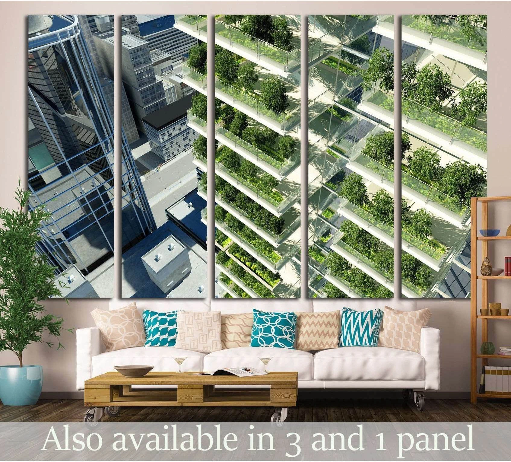 Vertical garden skyscraper canvas print hung above sofa in a modern living room