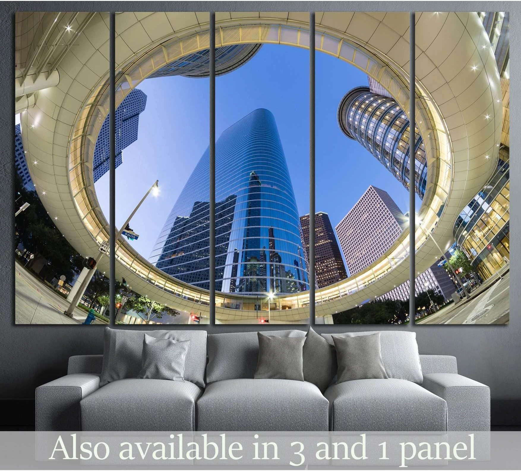 Houston downtown canvas print with blue skyscrapers framed by curved modern architecture