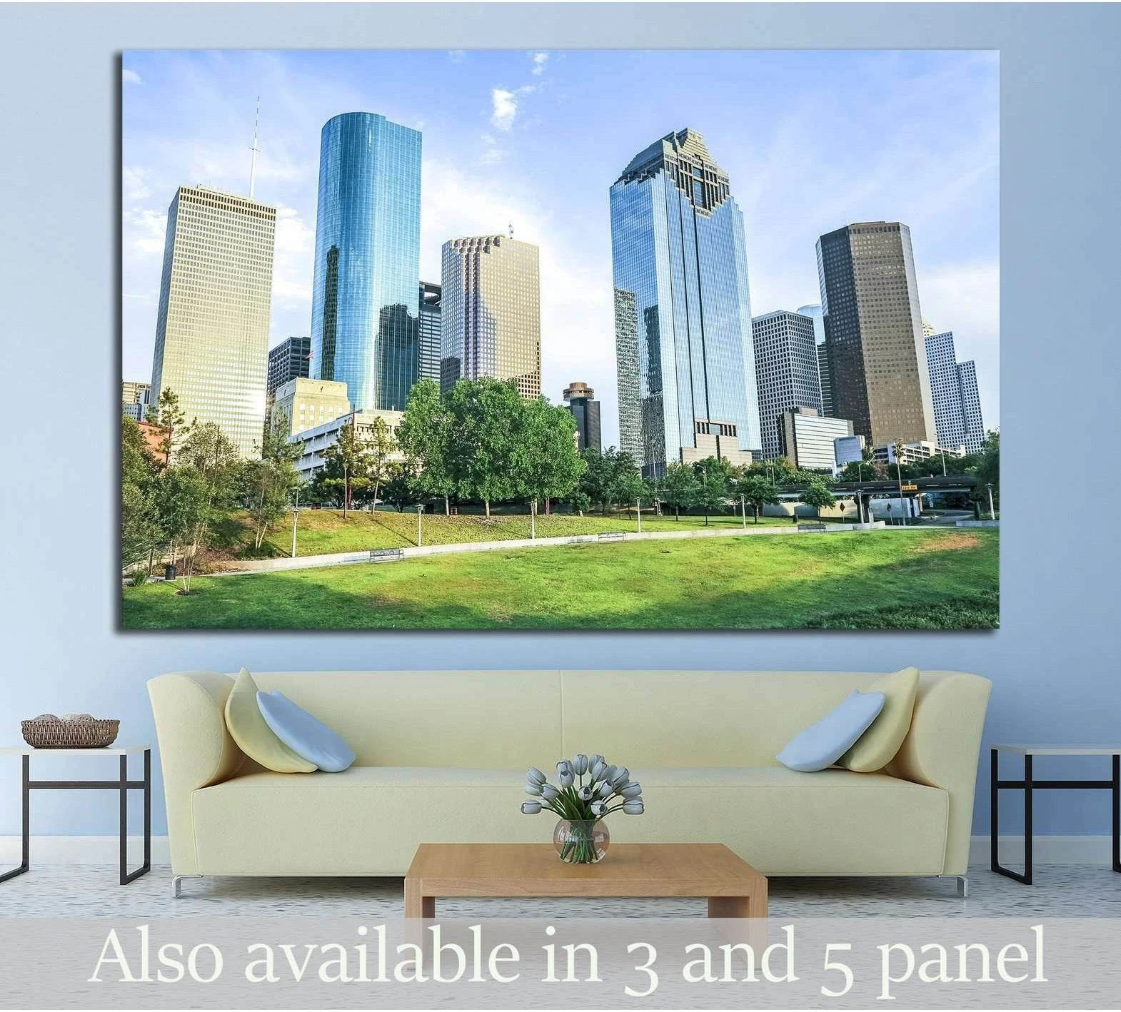 Houston skyline canvas print with blue skyscrapers above a sofa in a modern living room