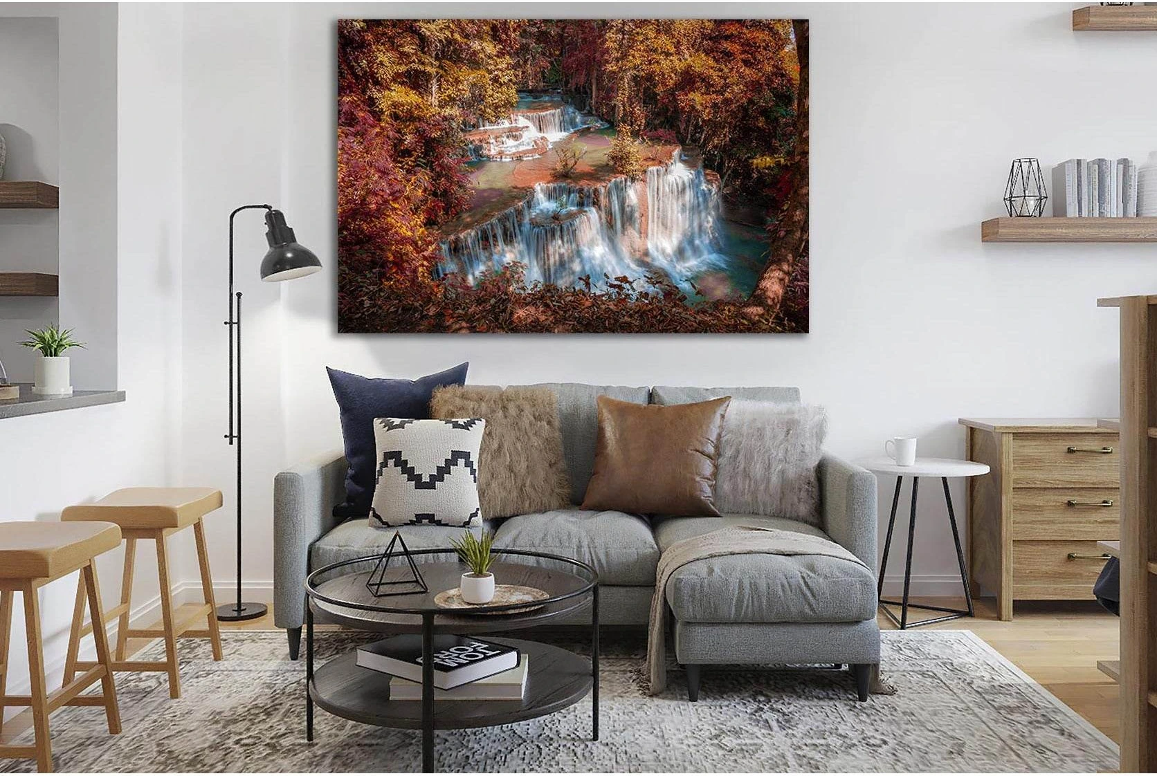 Autumn Waterfall Canvas Print with Blue-White Mist chosen as soft waterfall posters for soft mist and bedroom-friendly contrast.