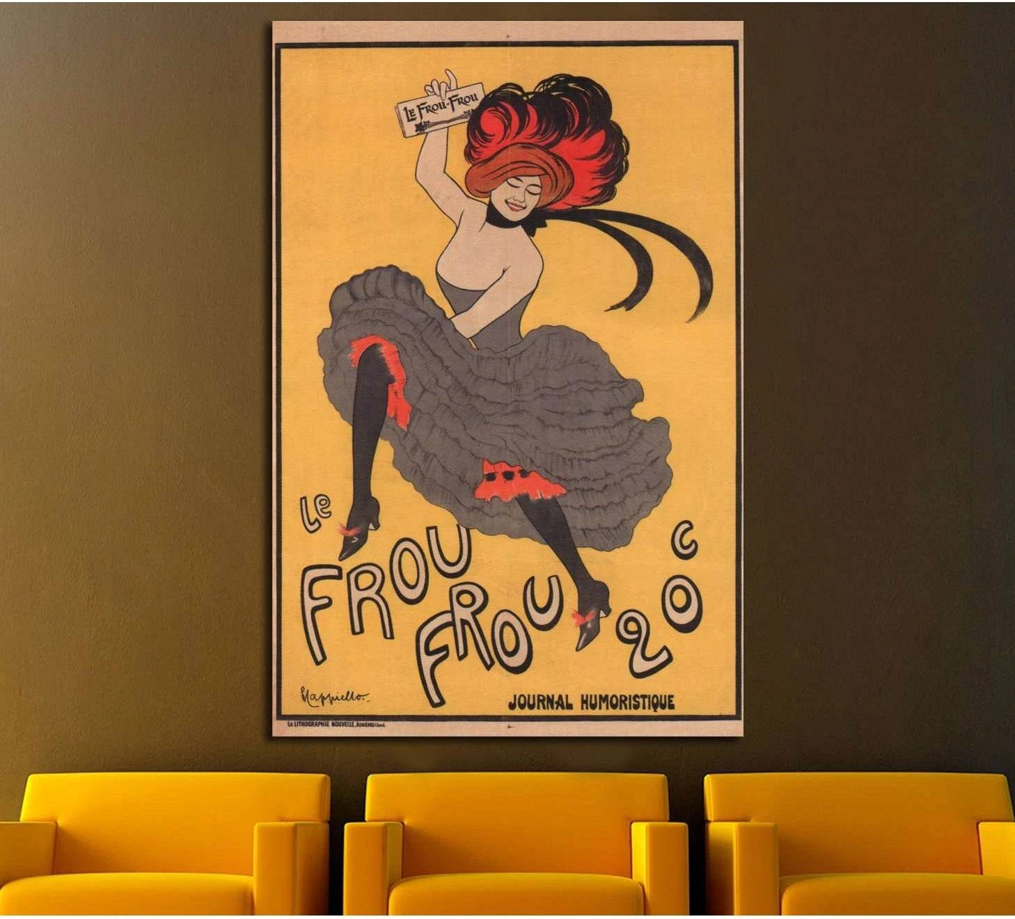 Vintage French cabaret poster canvas print with can-can dancer above mustard chairs in a moody interior
