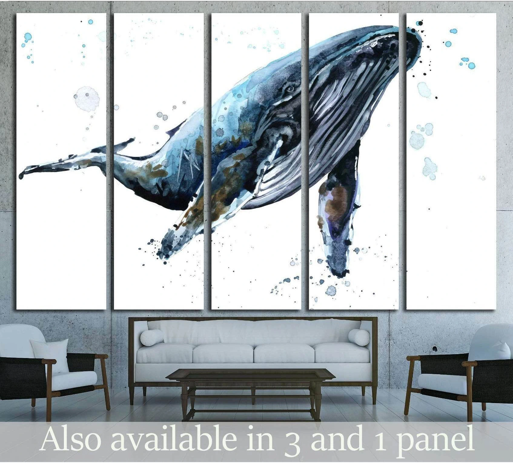 Blue humpback whale watercolor canvas print displayed as five panels above a sofa