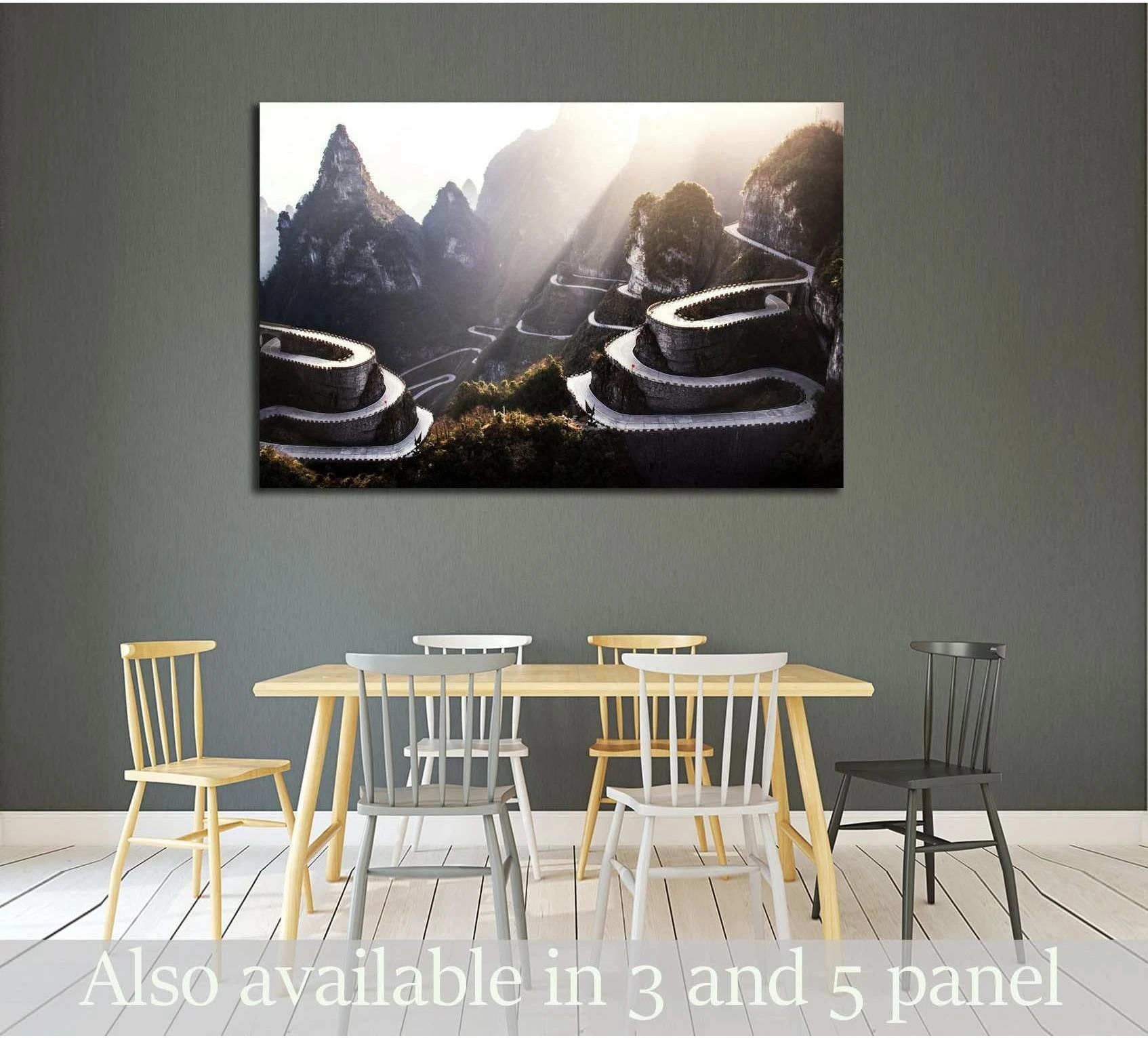 Hunan mountain road canvas print with winding switchbacks above a dining table in a modern room