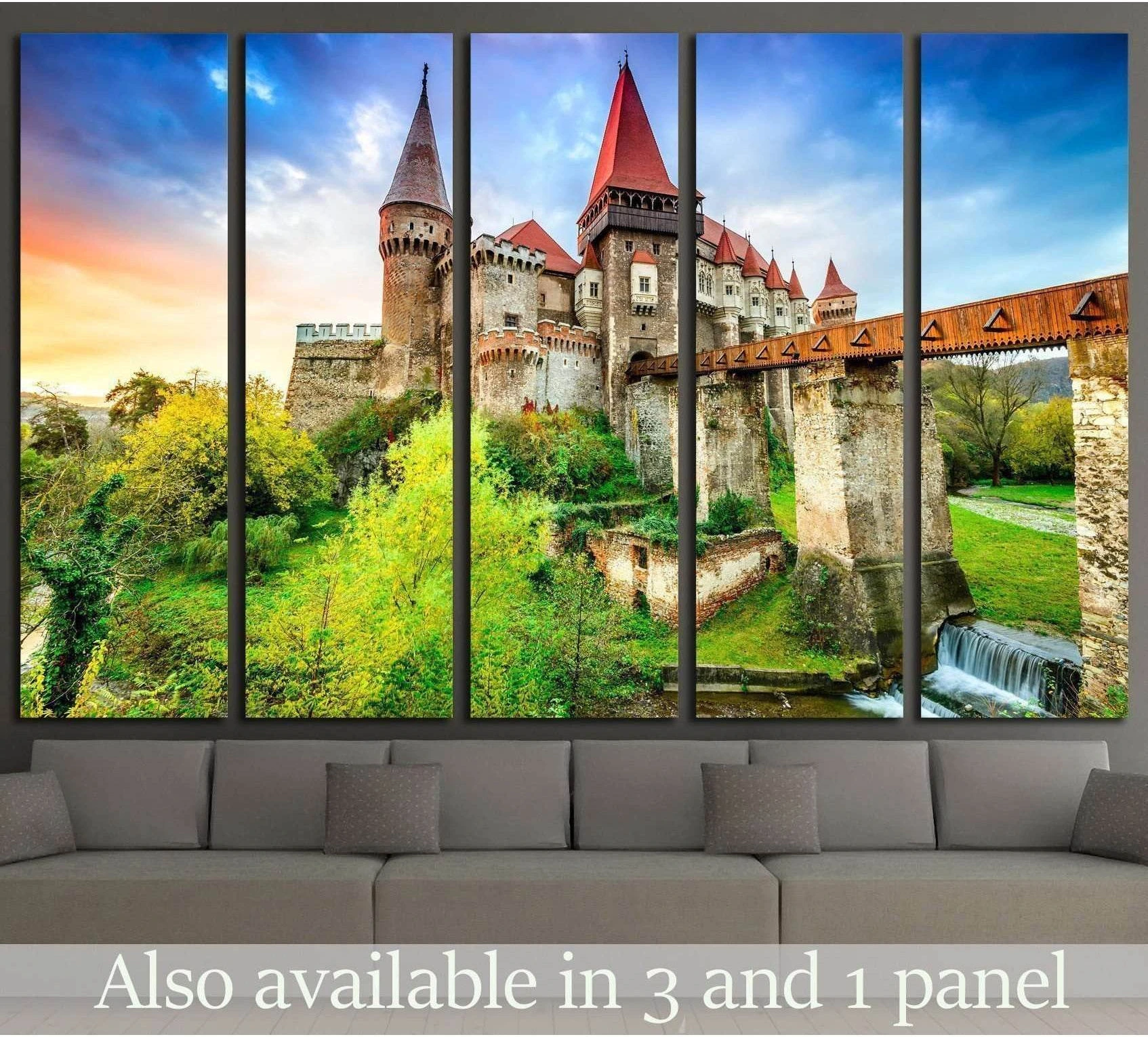 Hunyad Castle canvas print in five panels above a sofa, featuring Corvin Castle in Transylvania with red towers and stone bridge