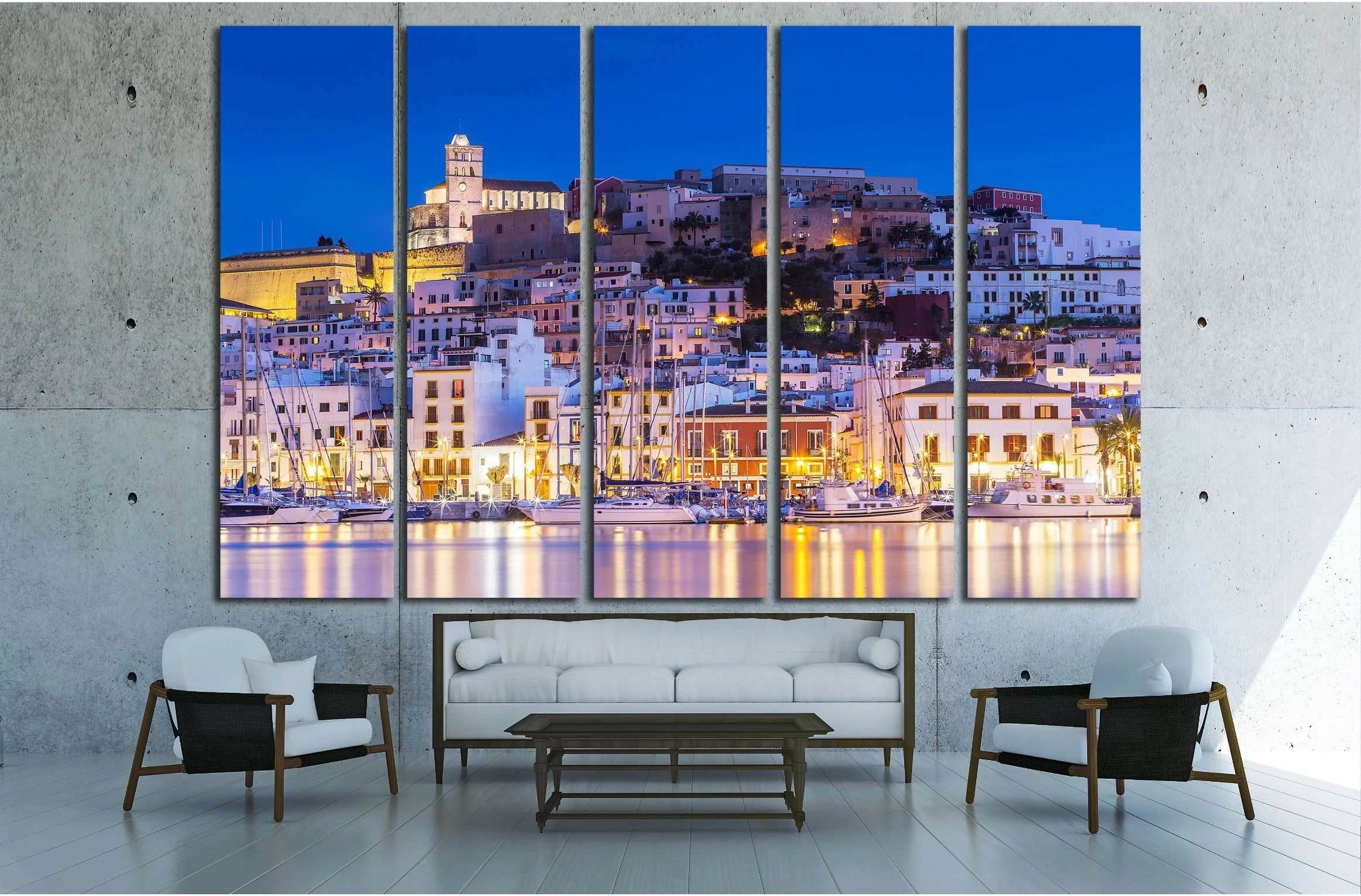 Ibiza Dalt Vila downtown at night with light reflections in the water, Ibiza, Spain. №2732 Ready to Hang Canvas Print - Zellart Canvas Prints ALL_Products, s-2732