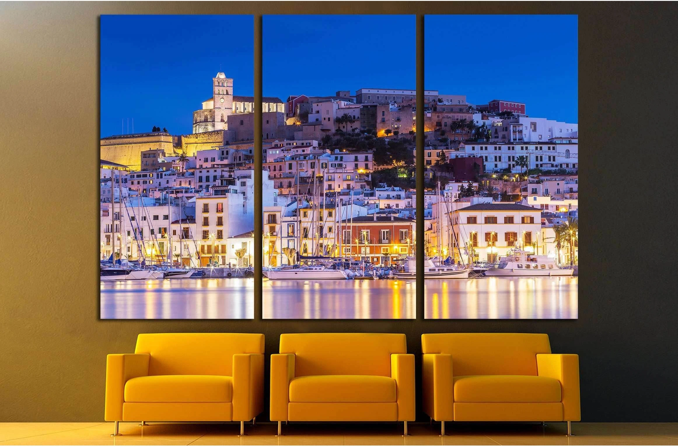 Ibiza Dalt Vila downtown at night with light reflections in the water, Ibiza, Spain. №2732 Ready to Hang Canvas Print - Zellart Canvas Prints ALL_Products, s-2732