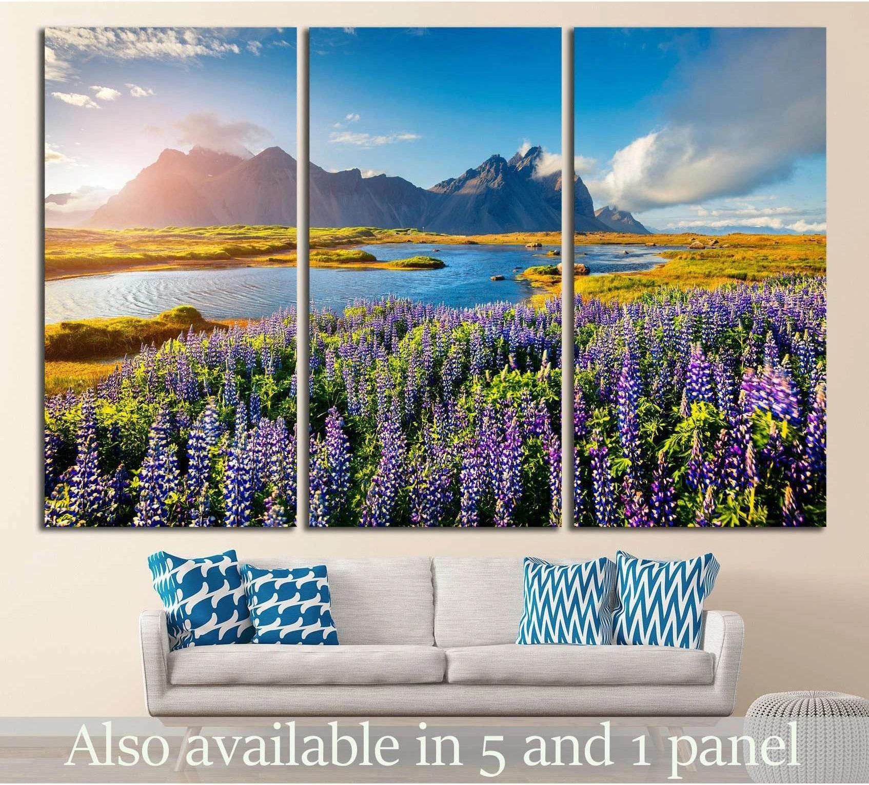 Iceland landscape canvas print with purple lupine fields, lake, and mountains above a sofa