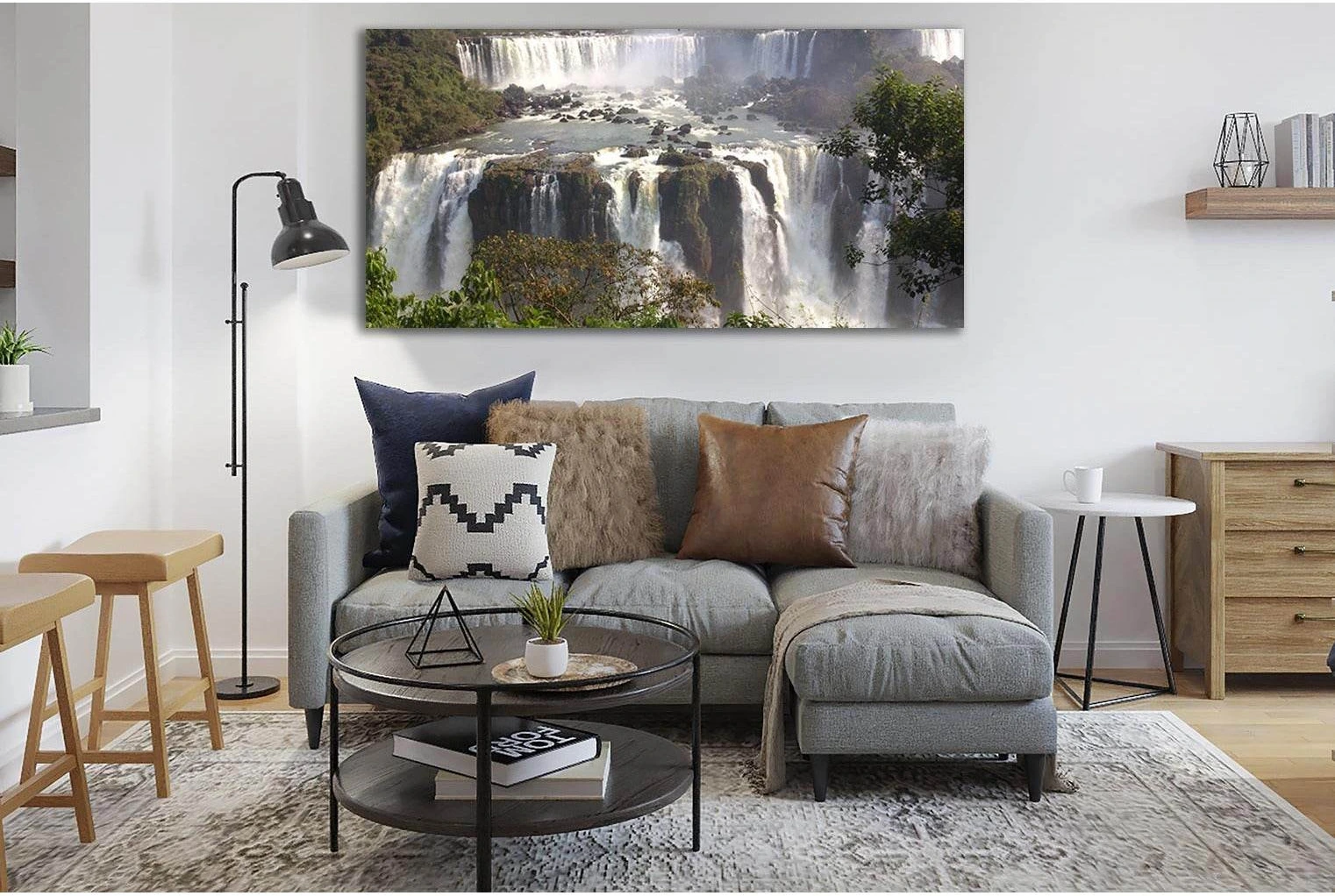 Dramatic Waterfall Landscape Canvas Print with Misty Spray chosen as soft waterfall posters for soft mist and bedroom-friendly contrast.