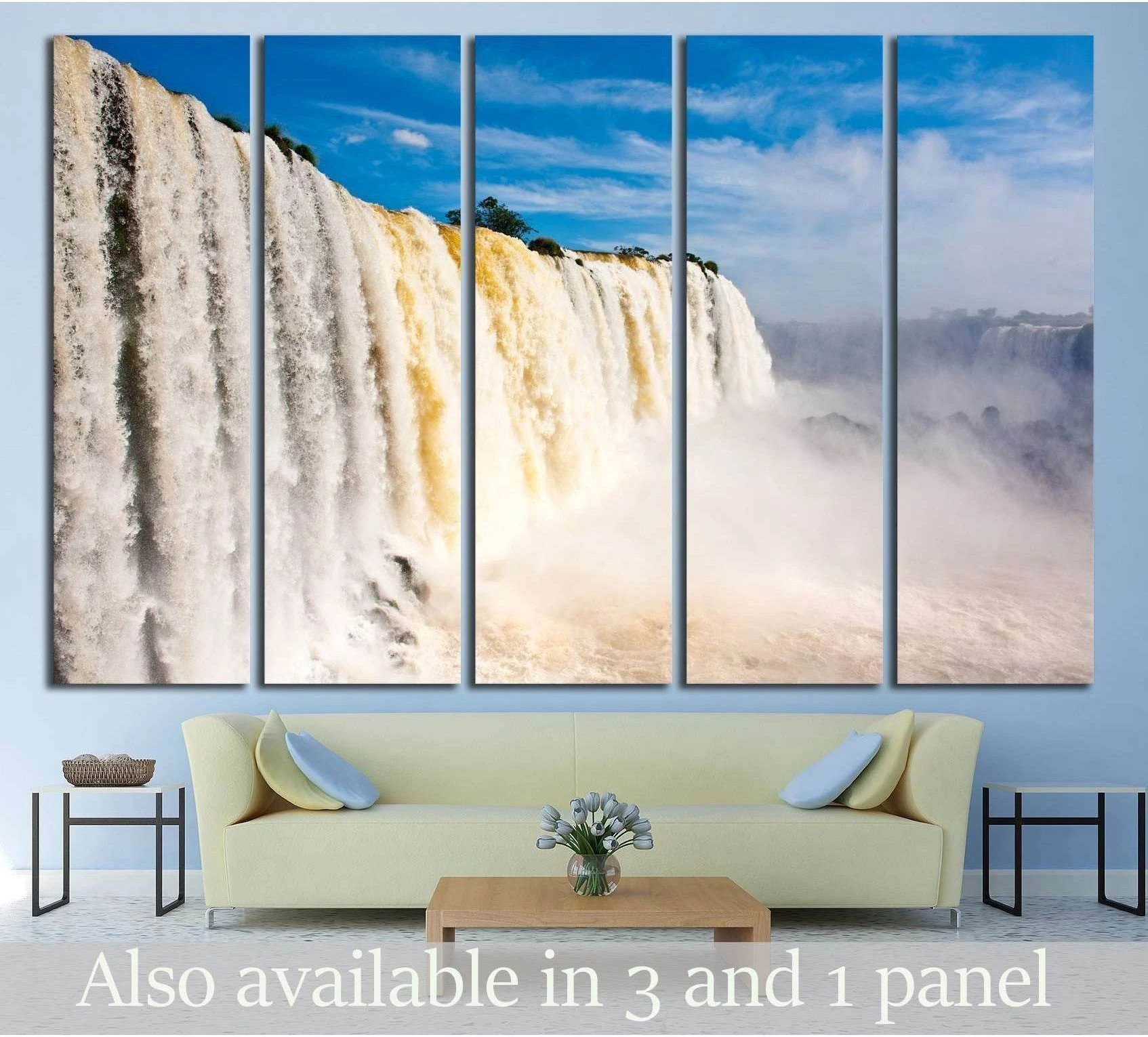 Five-panel Iguazu Falls canvas print above a sofa in a modern living room mockup