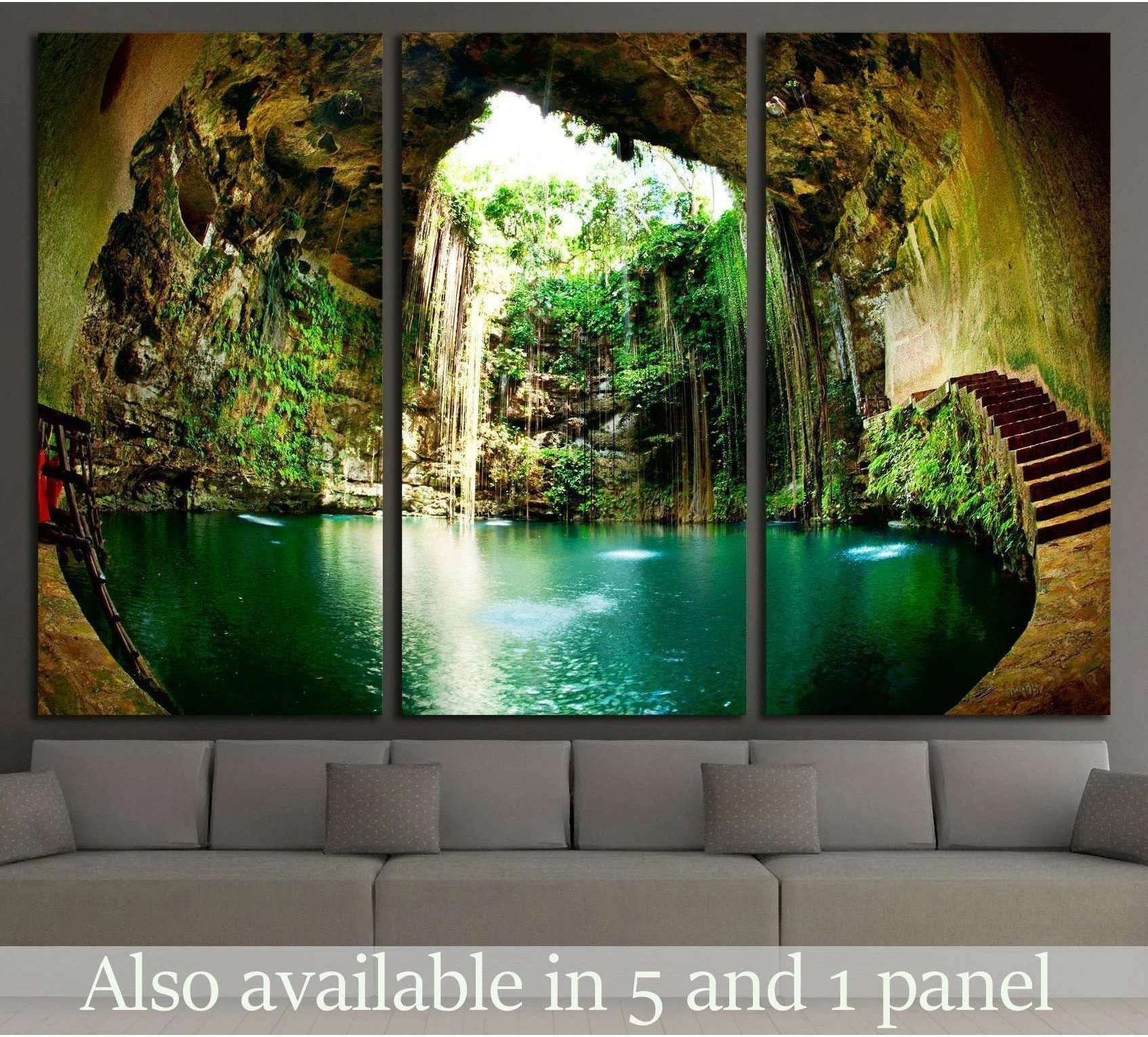 Ik Kil Cenote triptych canvas print with turquoise cave pool and hanging vines above a sofa
