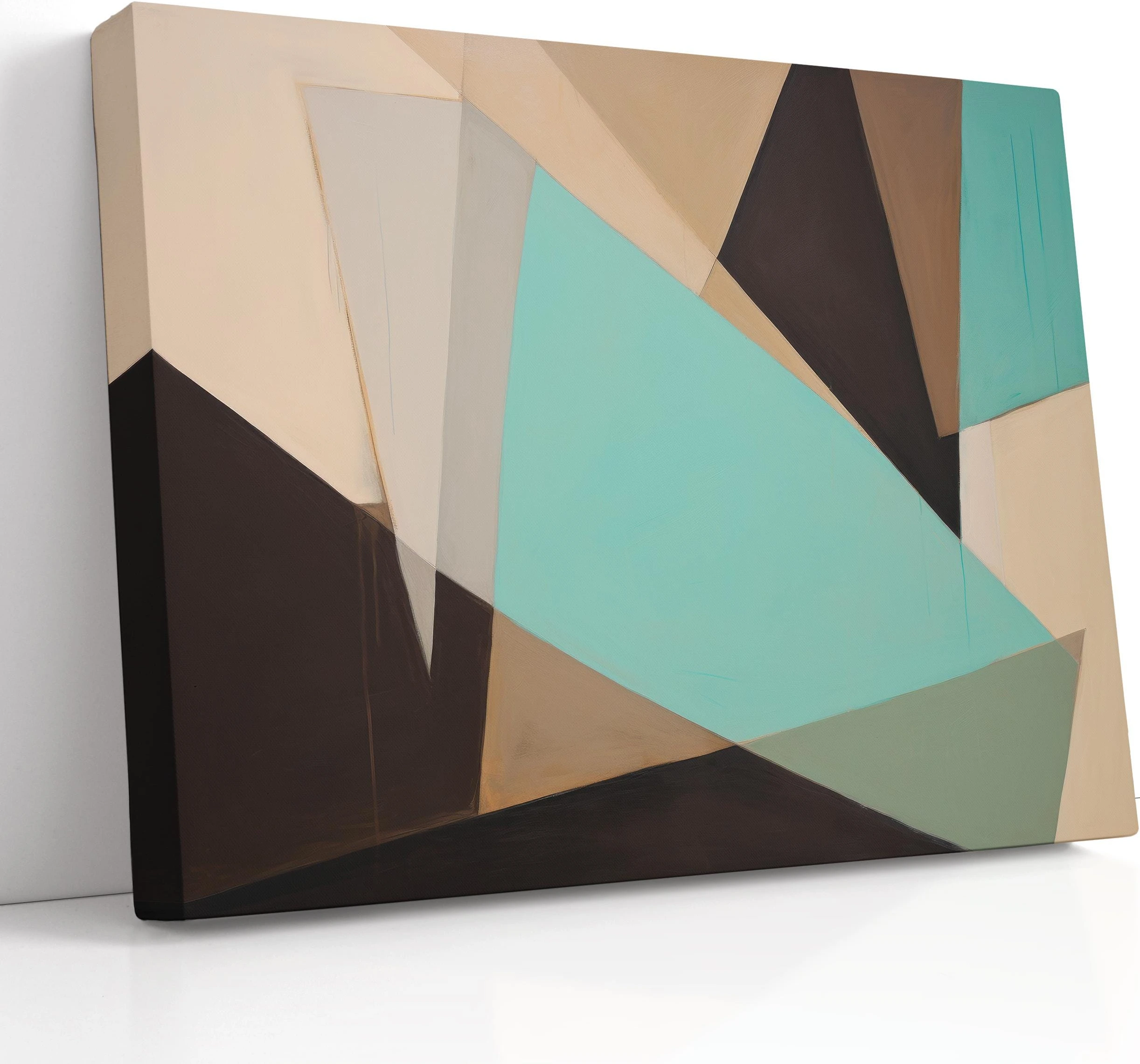 A geometric abstract composition of overlapping teal and beige shapes with dark charcoal accents forms an angular, layered look across a light detail