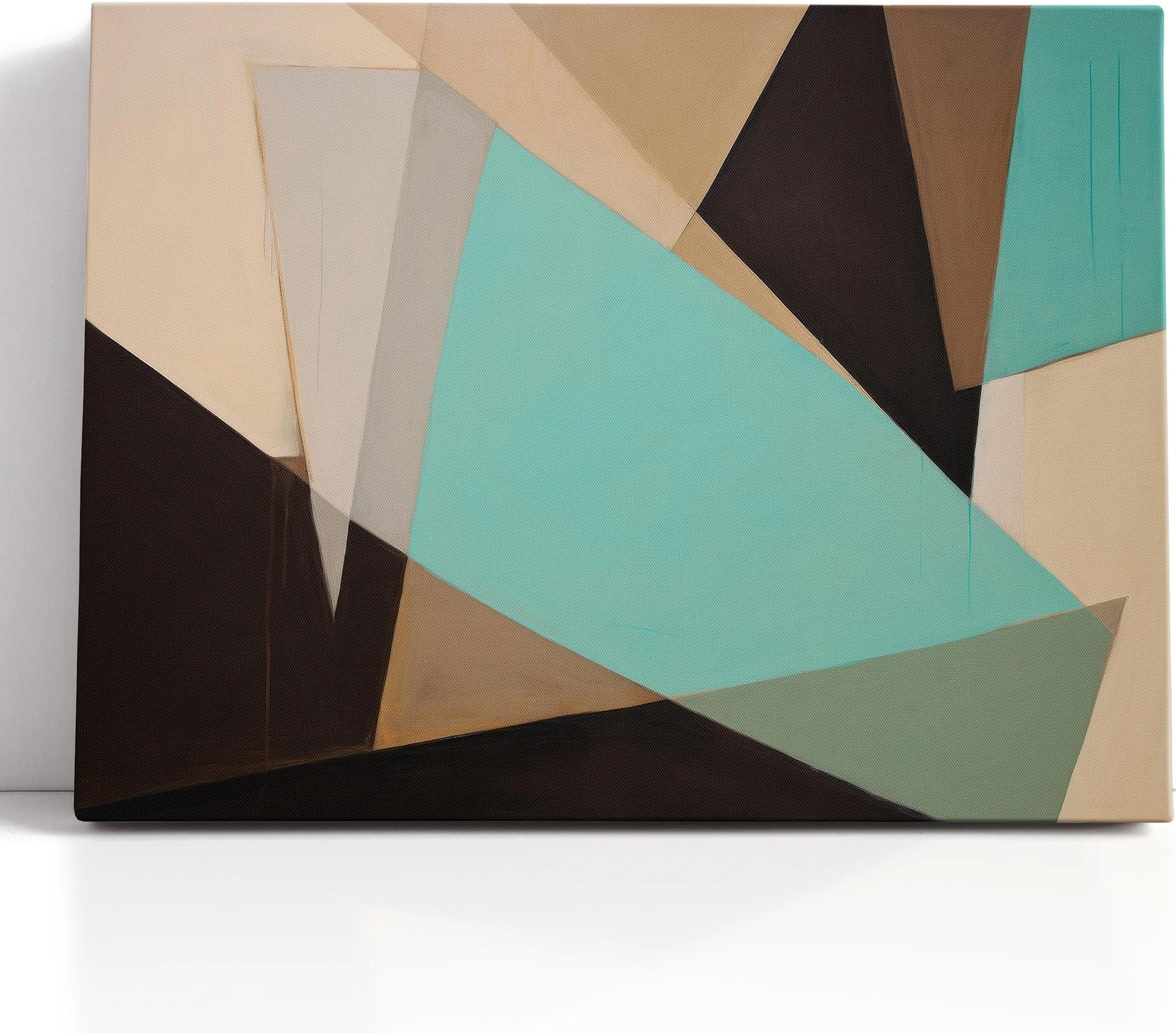 A geometric abstract composition of overlapping teal and beige shapes with dark charcoal accents forms an angular, layered look across a light detail