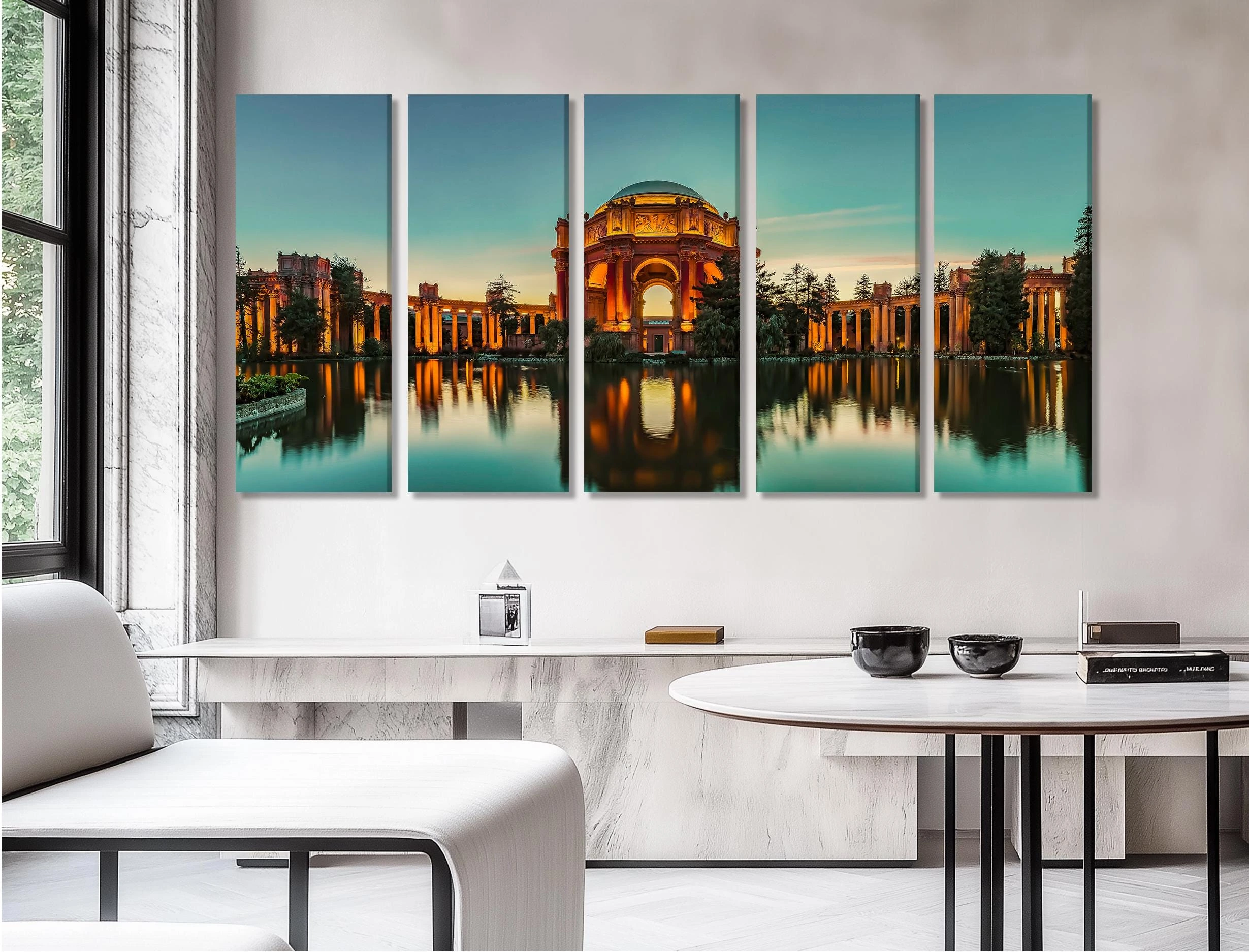 Three-panel sunset architectural scene with a domed pavilion, columns and reflections in calm water detail view