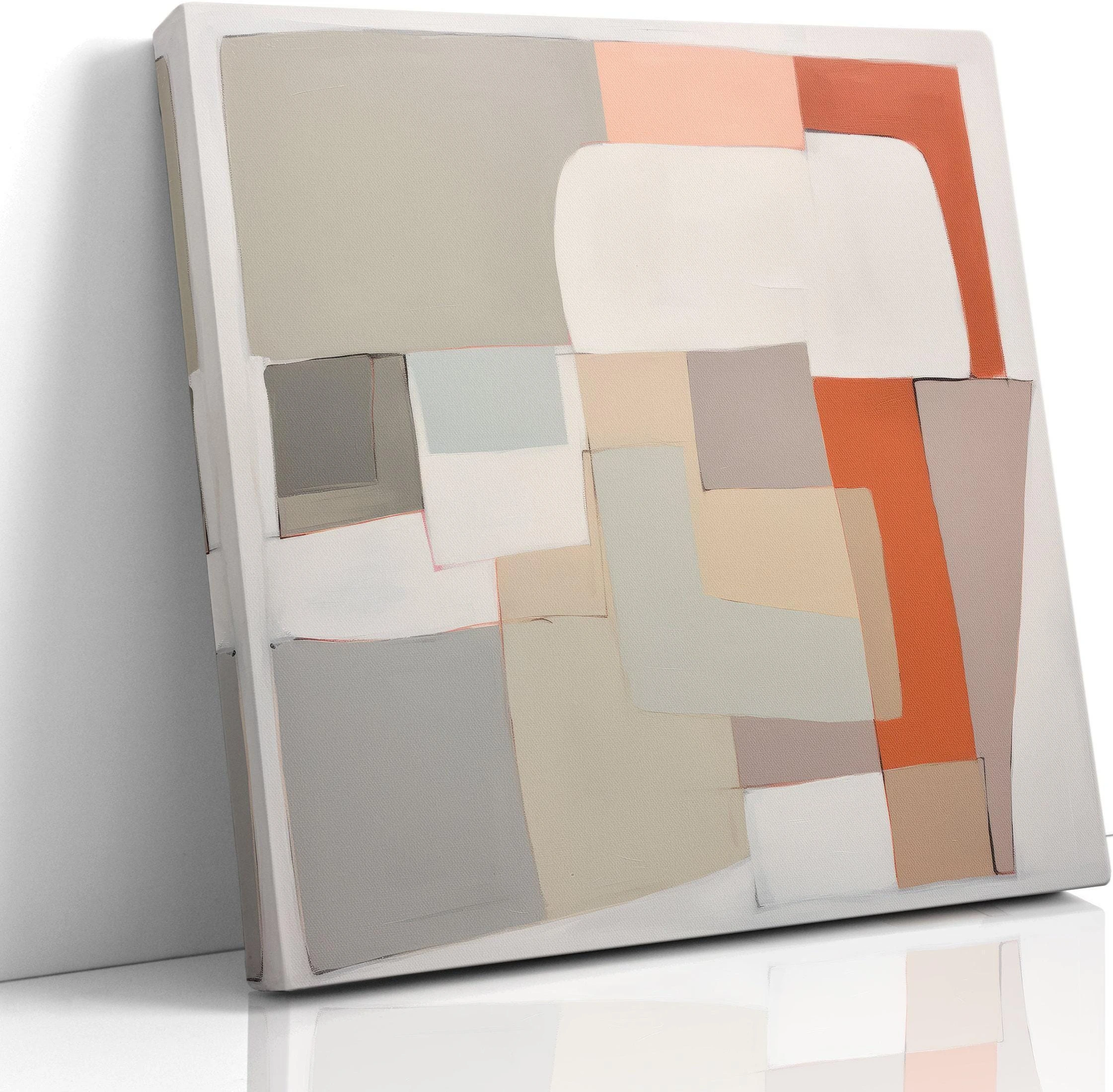 Neutral geometric abstract artwork with layered rectangles in cream, sage green and terracotta accents
