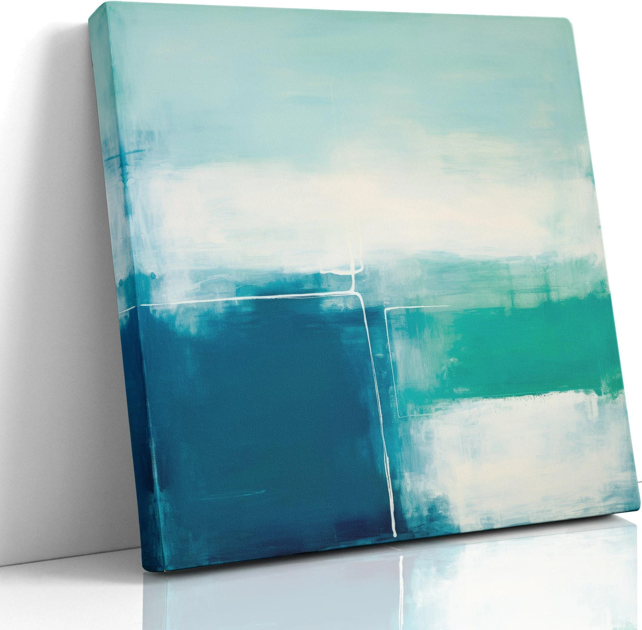 Teal and seafoam abstract artwork with faint geometric linework
