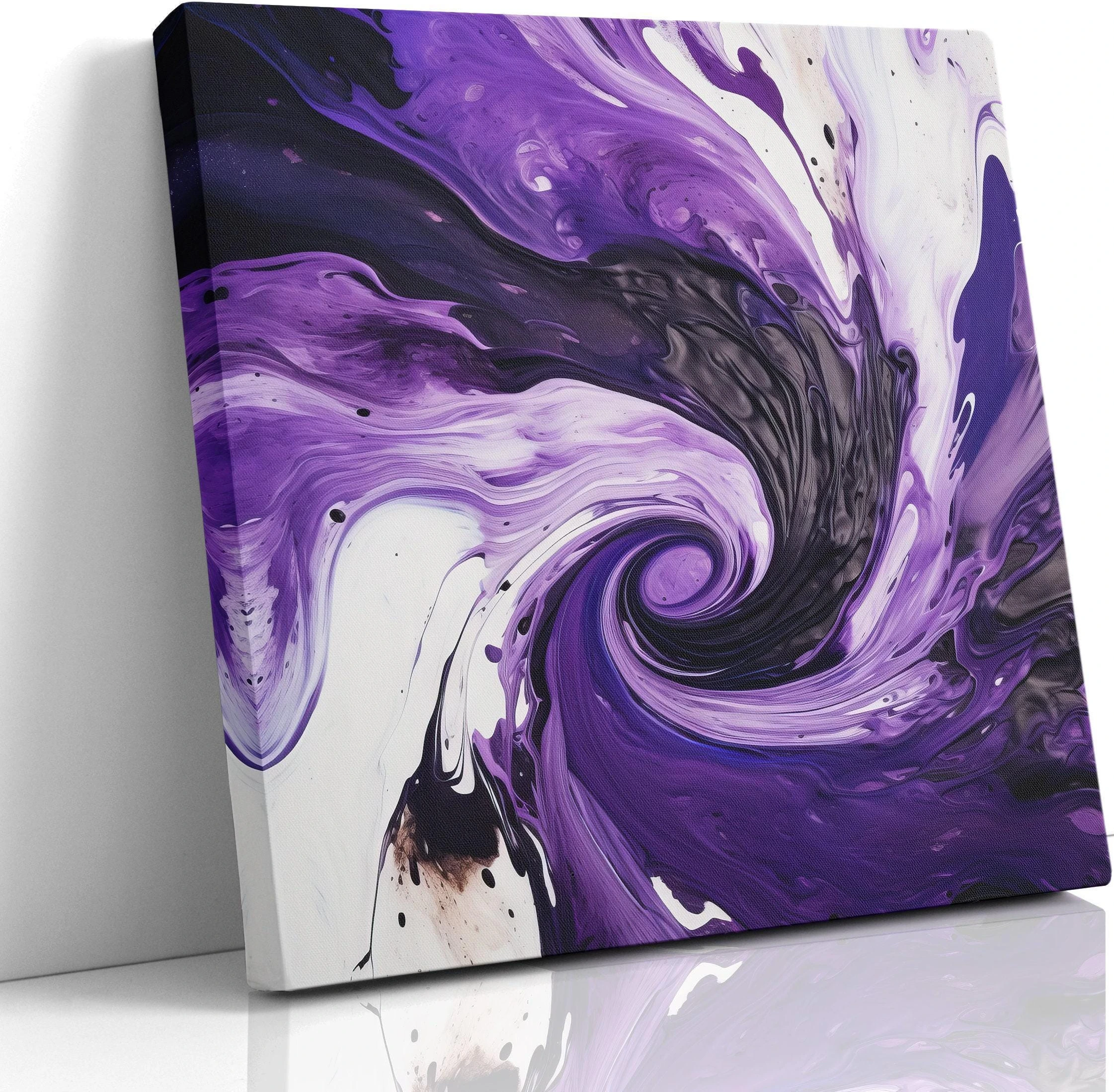 Abstract purple swirl artwork with black and white flowing fluid ribbons and scattered speckled dots