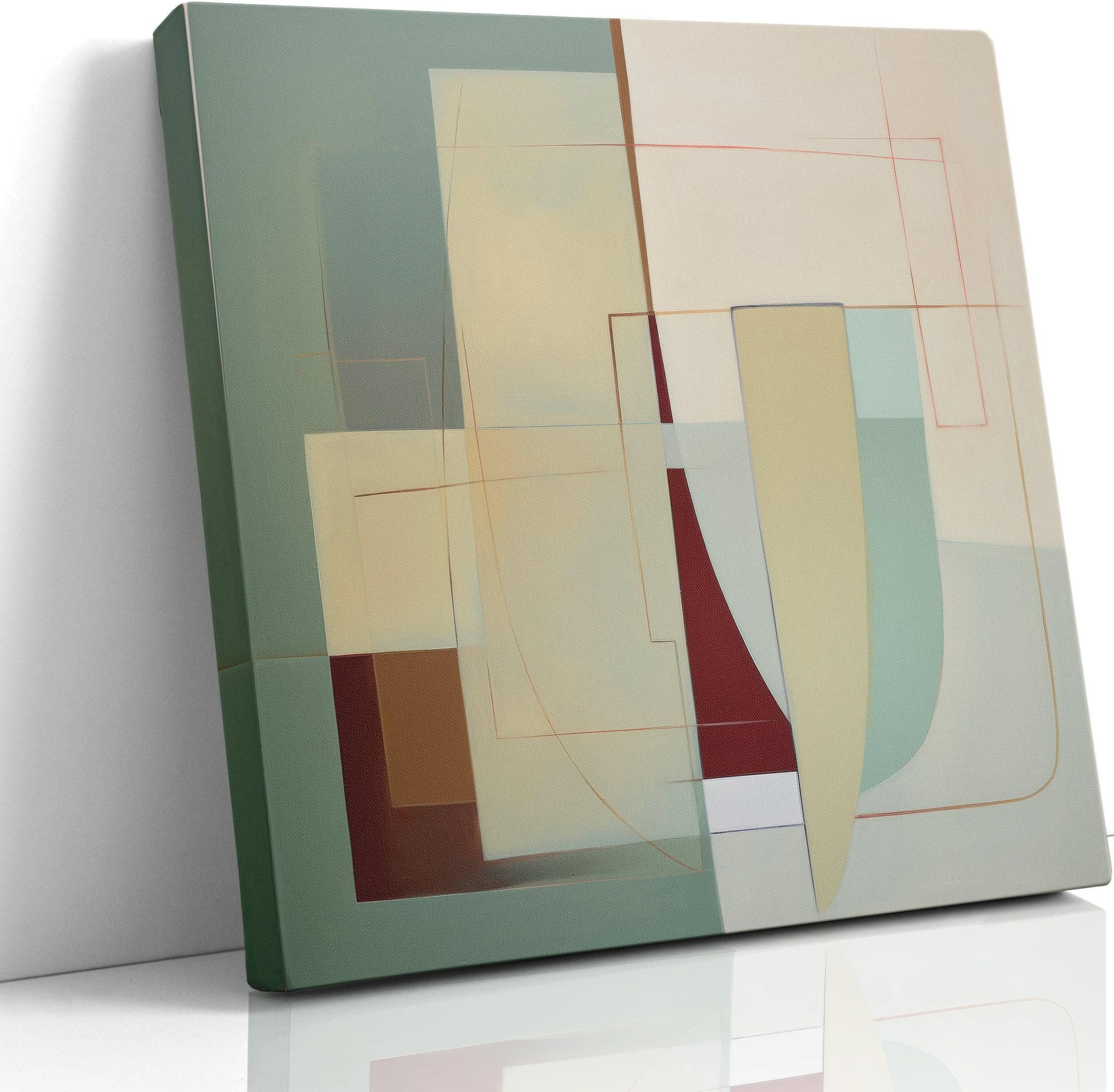 A framed abstract geometric composition combines muted sage and terracotta blocks with cream and burgundy lines in a balanced, mid-century style