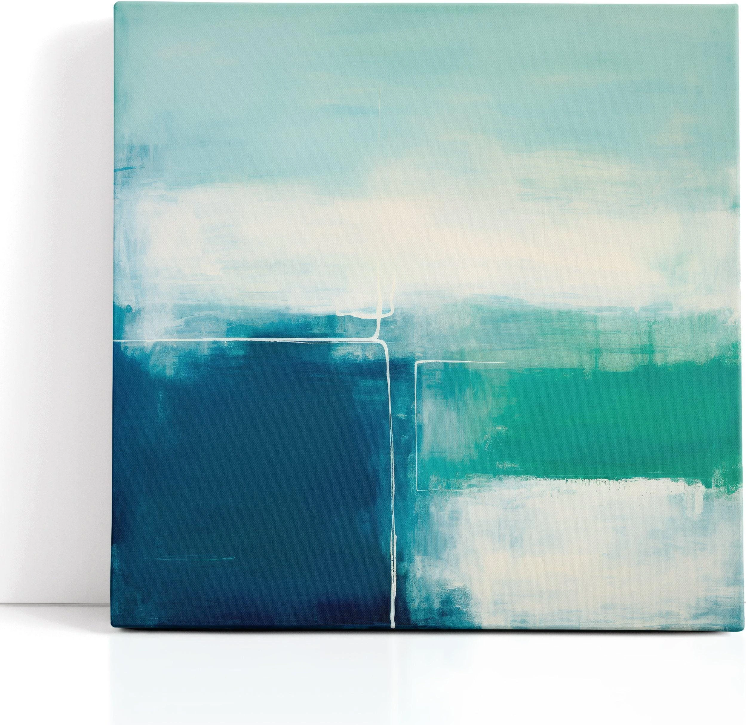 Teal and seafoam abstract artwork with faint geometric linework detail view