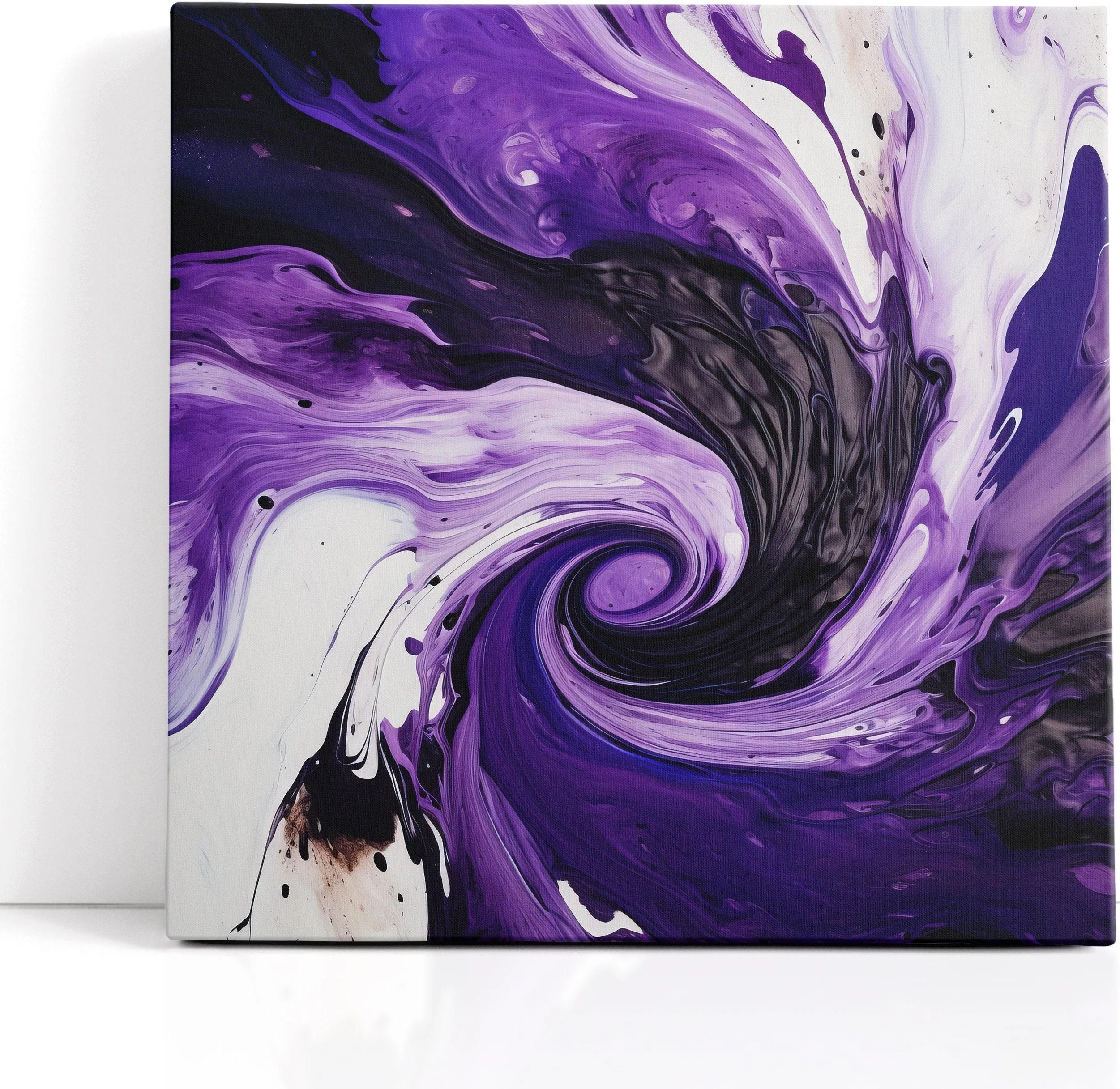 Abstract purple swirl artwork with black and white flowing fluid ribbons and scattered speckled dots detail view