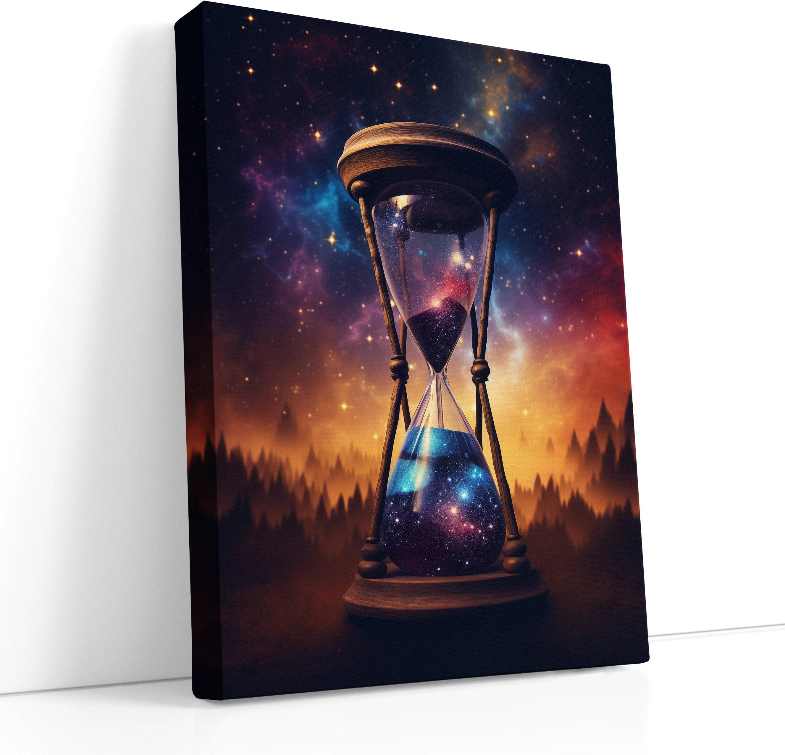 Cosmic hourglass galaxy artwork with starry nebula background in navy, violet and gold