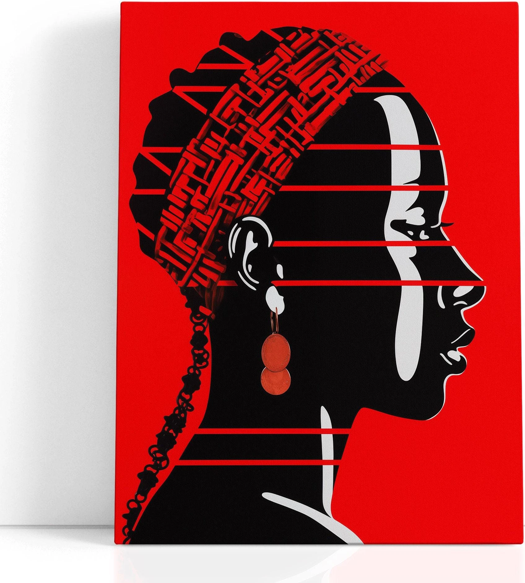 A bold red-and-black portrait silhouette of a woman with a headwrap overlays graphic stripes, key shapes and raised geometric patterns detail view