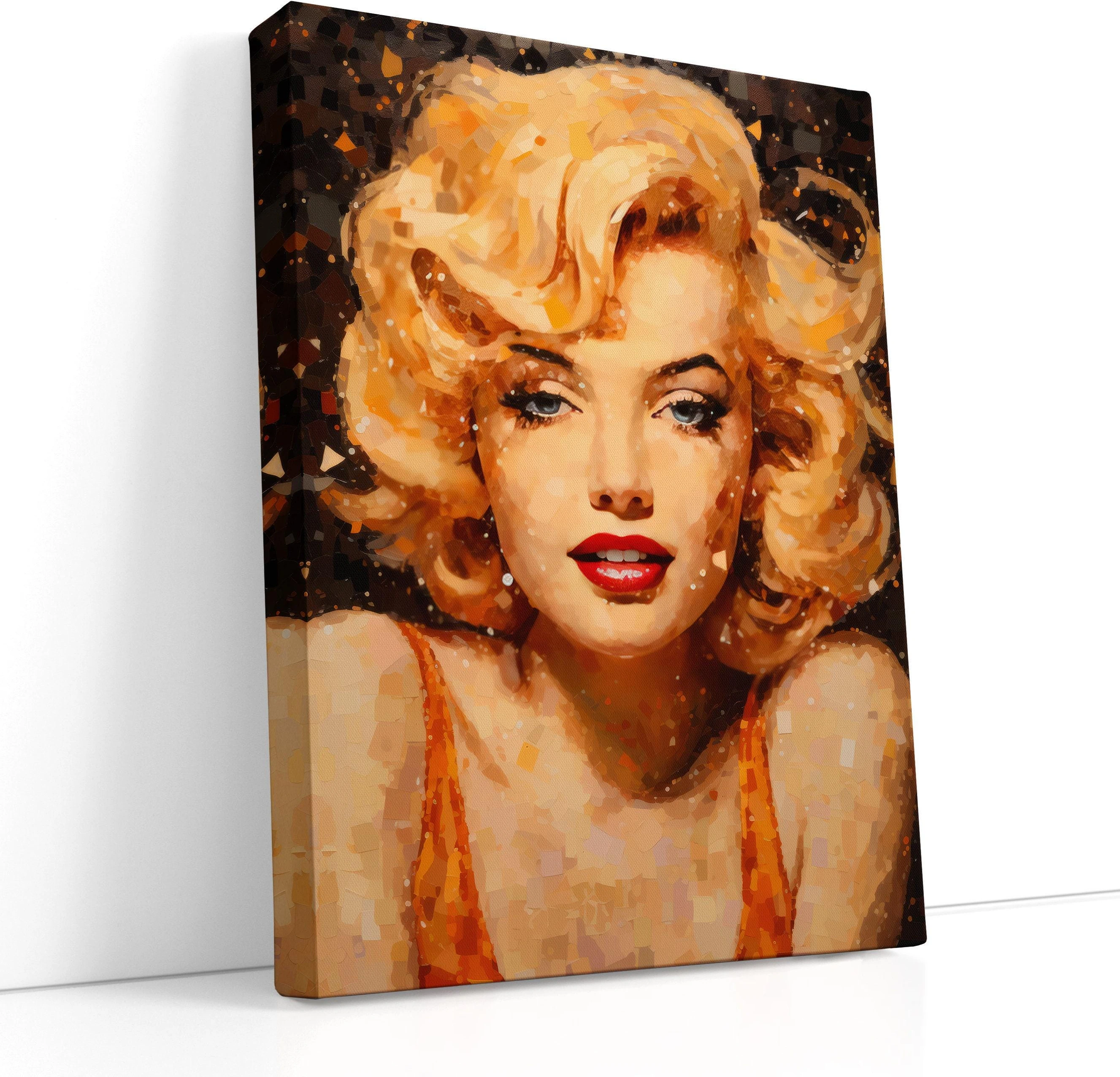 Warm amber blonde portrait with dark mosaic hair and red lips